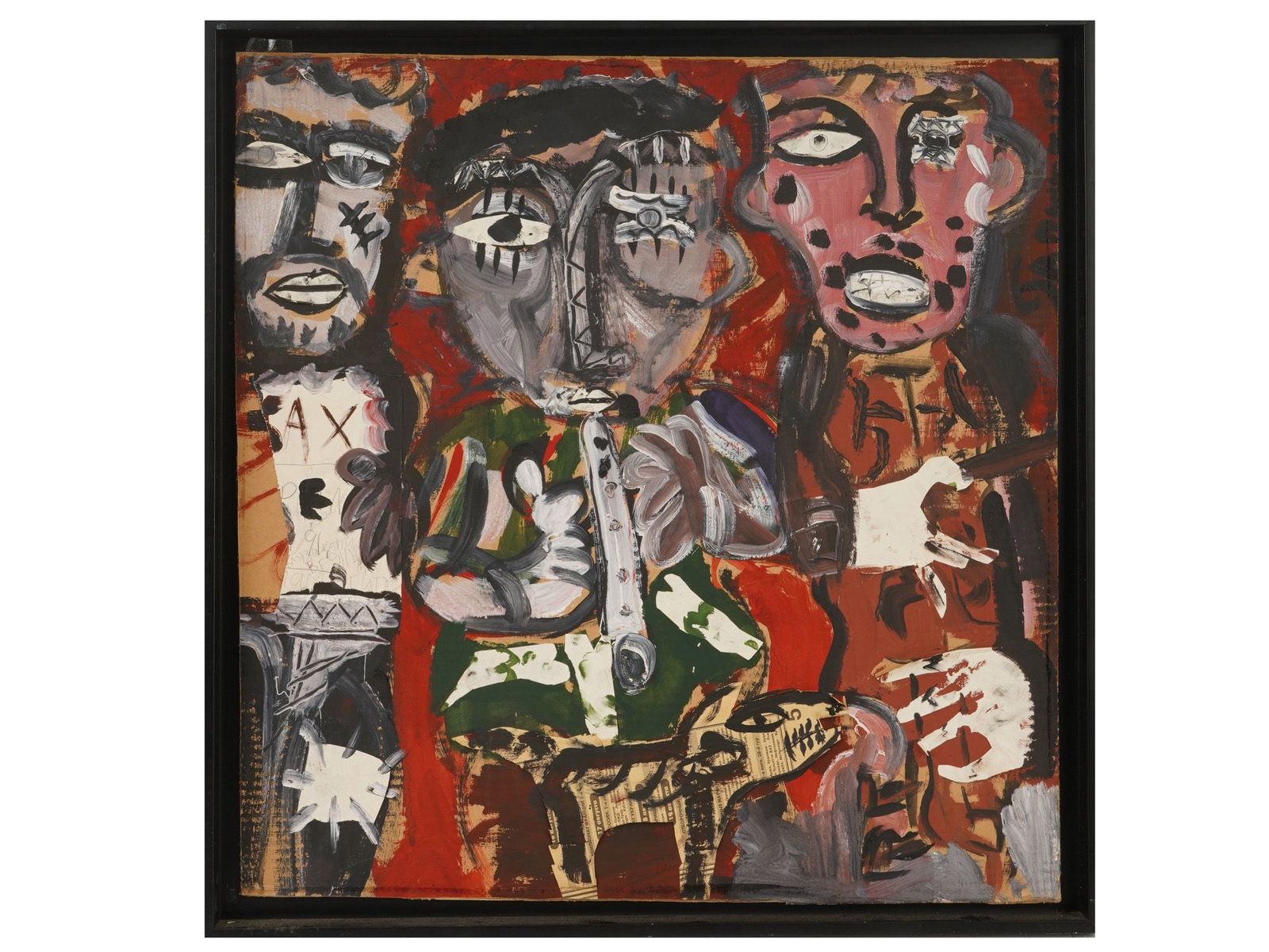 RUSSIAN ABSTRACT MIXED MEDIA PAINTING SIGNED: Mixed media artwork on cardboard, oil painting with elements of paper collage. Russian, late 20th century. The artwork depicts three abstract male figures, a dog, and lettering. The highly expressive 
