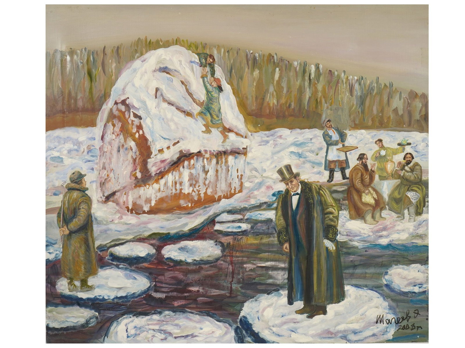 RUSSIAN OIL PAINTING BY EDUARD SHAGEEV 2008: A Russian oil on canvas genre scene painting by Eduard Shageev titled Russian Golf, 2008. The painting depicts a surreal genre scene with people in melting snow. Signed lower right. Dated 2008. Additi