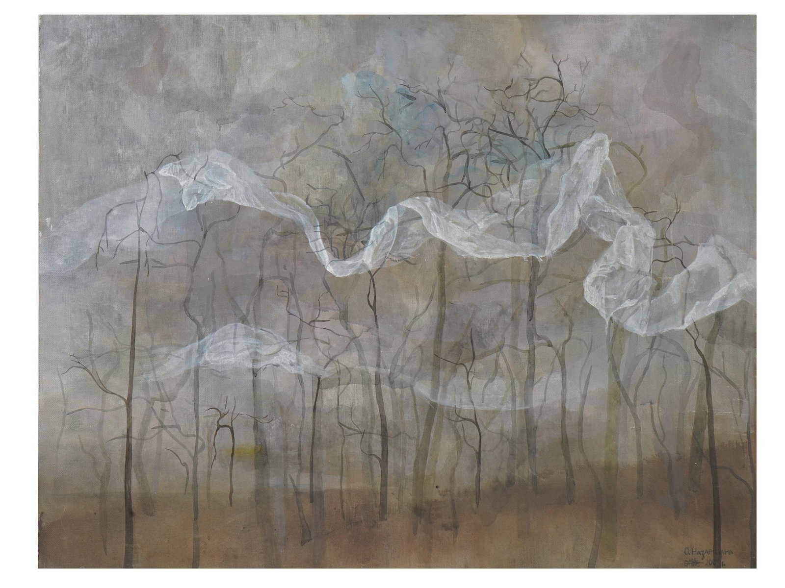 CONTEMPORARY MIXED MEDIA PAINTING BY OLGA NAZARKINA: Olga Nazarkina, a Contemporary Ukrainian artist, a mixed media painting on canvas depicting .a Surreal scene in a forest landscape. Olga Nazarkina is an artist and art teacher born in Kharkiv, Ukraine