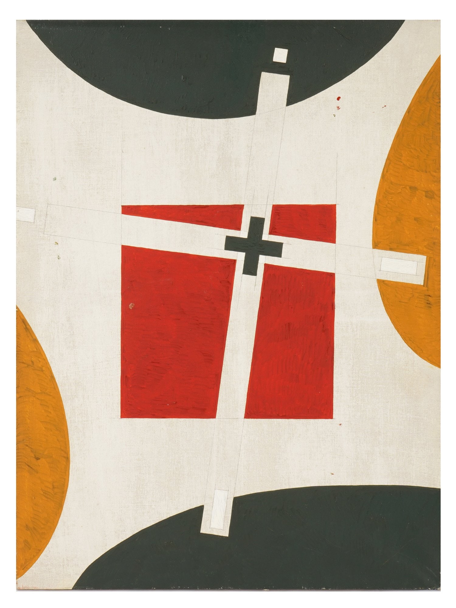 RUSSIAN SUPREMATIST ABSTRACT OIL PAINTING SIGNED: Oil and graphite painting on canvas. Russian, dated ca. 2000s. The artwork represents a Suprematist composition in the manner of Kazimir Malevich. Red square anchors the center of the composition and 