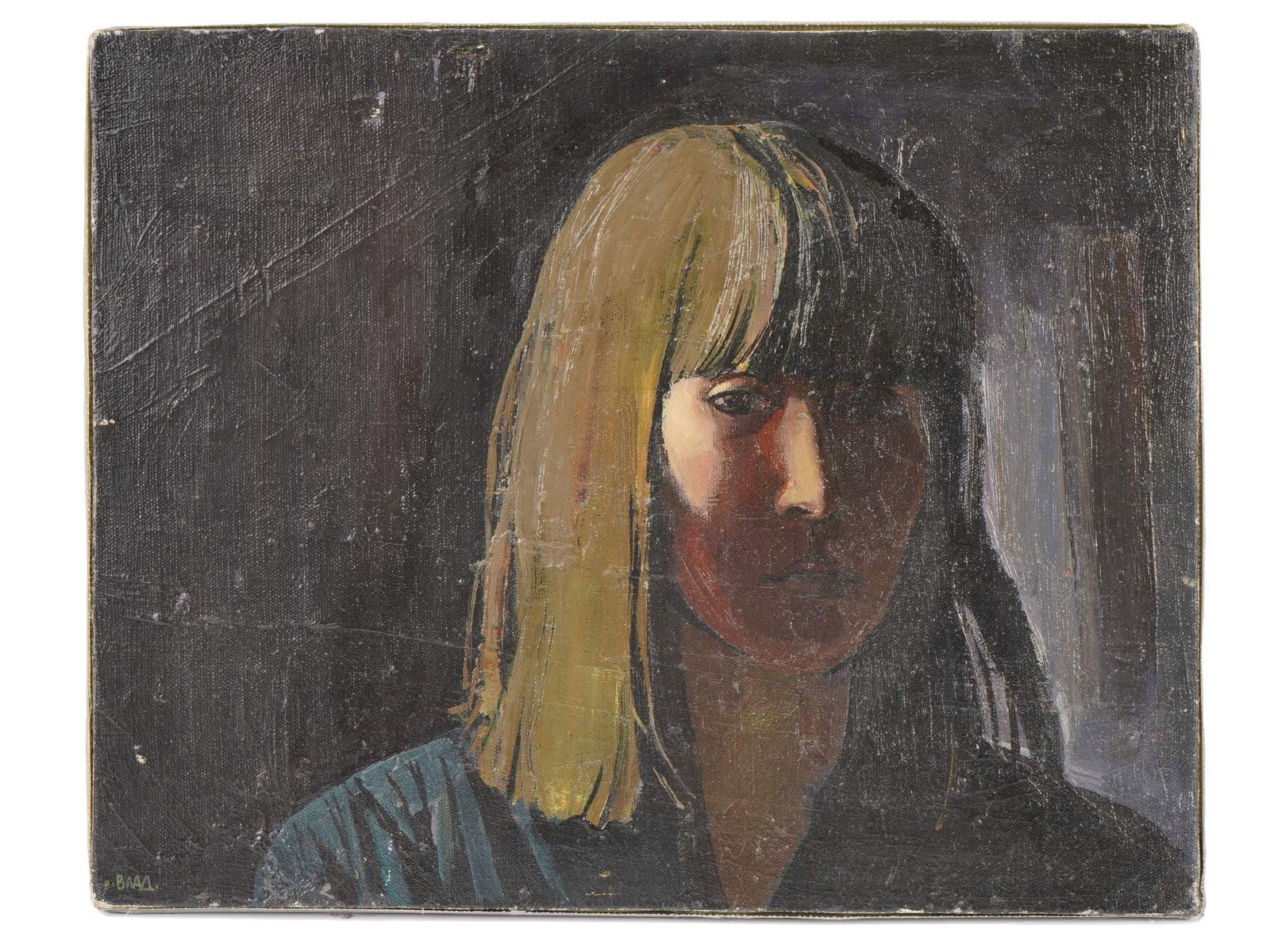 MARIA VLADIMIROVA RUSSIAN SELF PORTRAIT OIL PAINTING: Maria Vladimirova, Russian, born 1961, oil painting on linen. The artwork depicts a female portrait. The womans face emerges from a dark, nearly monochromatic ground, illuminated by soft, directional 