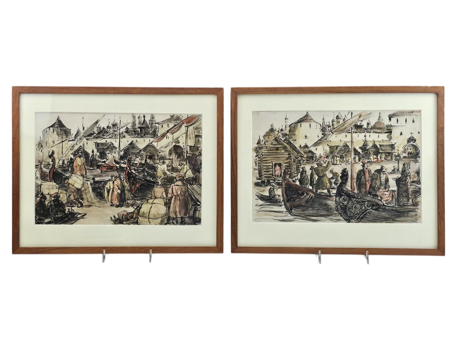 VYACHESLAV KONDRATIEV (RUSSIAN, 1886-1979) PAIR DRAWINGS: A lot of two Russian mixed media, ink and watercolor on paper paintings by Vyacheslav Kondratiev. Both artworks belong to the same series, titled Bargaining on the Yauza, and depict multi-figure genre