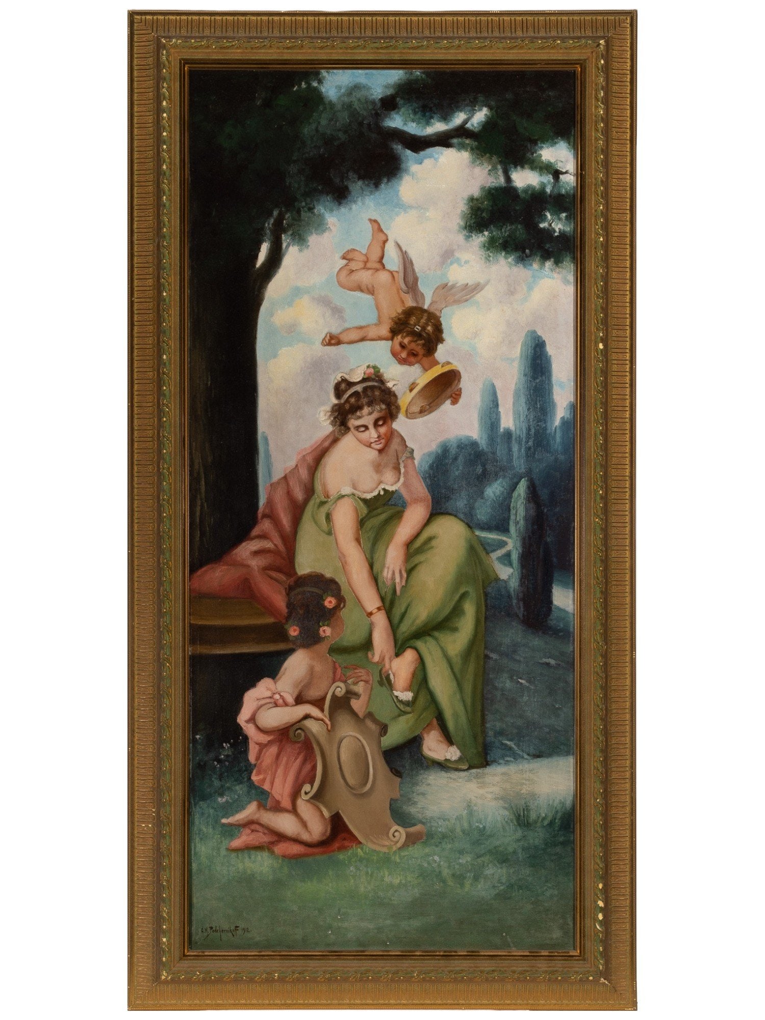 ANTIQUE RUSSIAN ALEXIS PODCHERNIKOFF OIL PAINTING 1912: Alexis Matthew Podchernikoff, Russian, American, 1886 to 1933, an original oil on canvas Art Nouveau painting depicting a genre scene in the with a girl in a green dress putting on shoes, surrounded b
