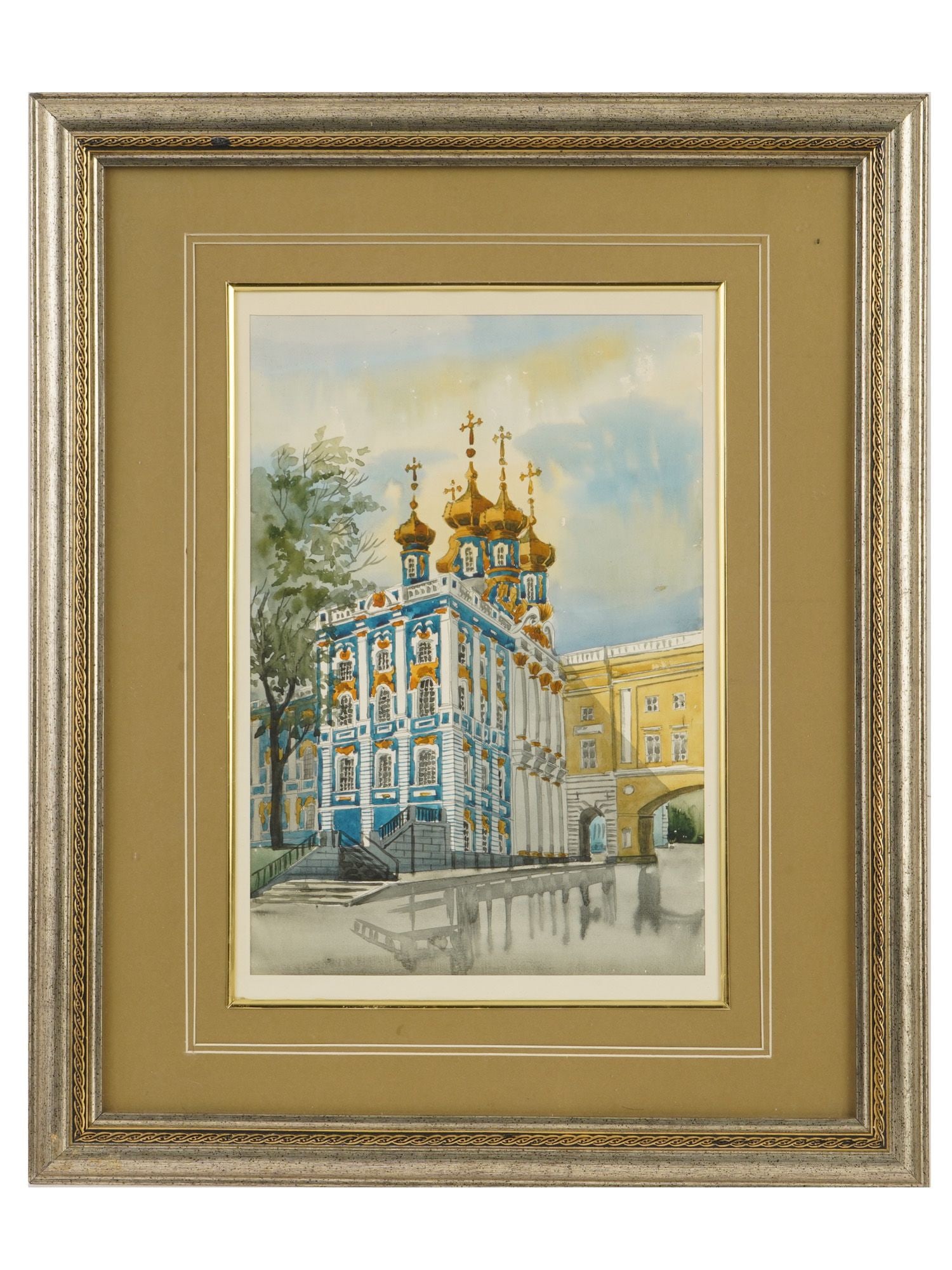 RUSSIAN CHURCH WATERCOLOR ON PAPER PAINTING: A Russian watercolor on paper painting depicting the Church of the Resurrection of Christ in the Grand Catherine Palace in Tsarskoye Selo. Matted and framed. Russian Fine Art and Collectibles. THIS LO