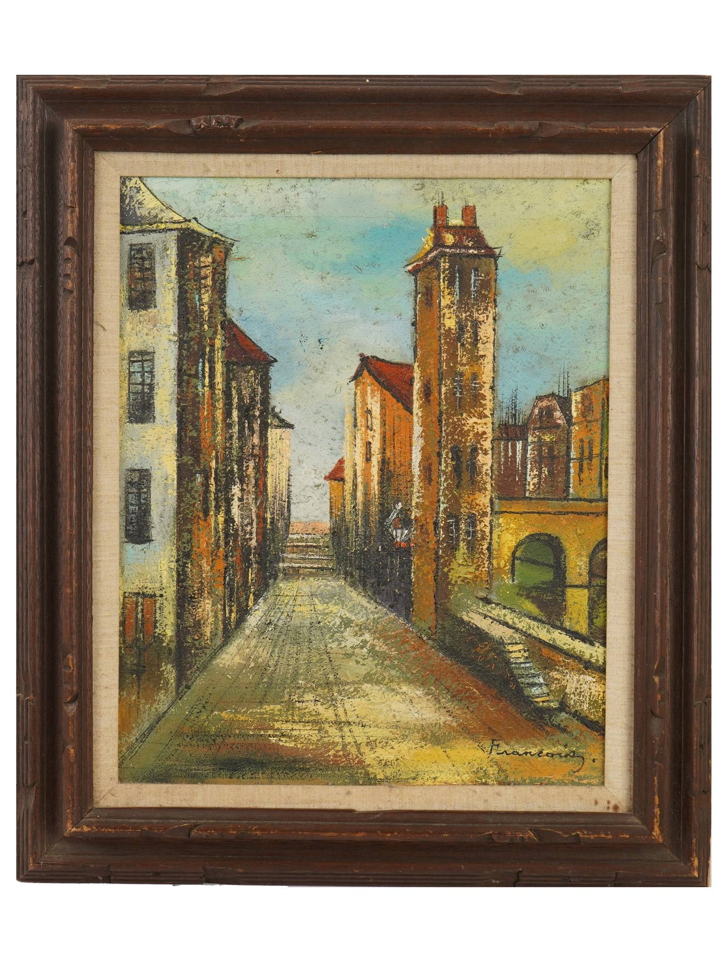 ATTR TO ANNE FRANCAIS FRENCH TOWNSCAPE OIL PAINTING: Attributed to Anne Francais, French, 1909 to 1995, an oil painting on canvas depicting a townscape. Signed lower right. Framed. Anne Francais was a French painter, watercolorist, pastel artist, and li