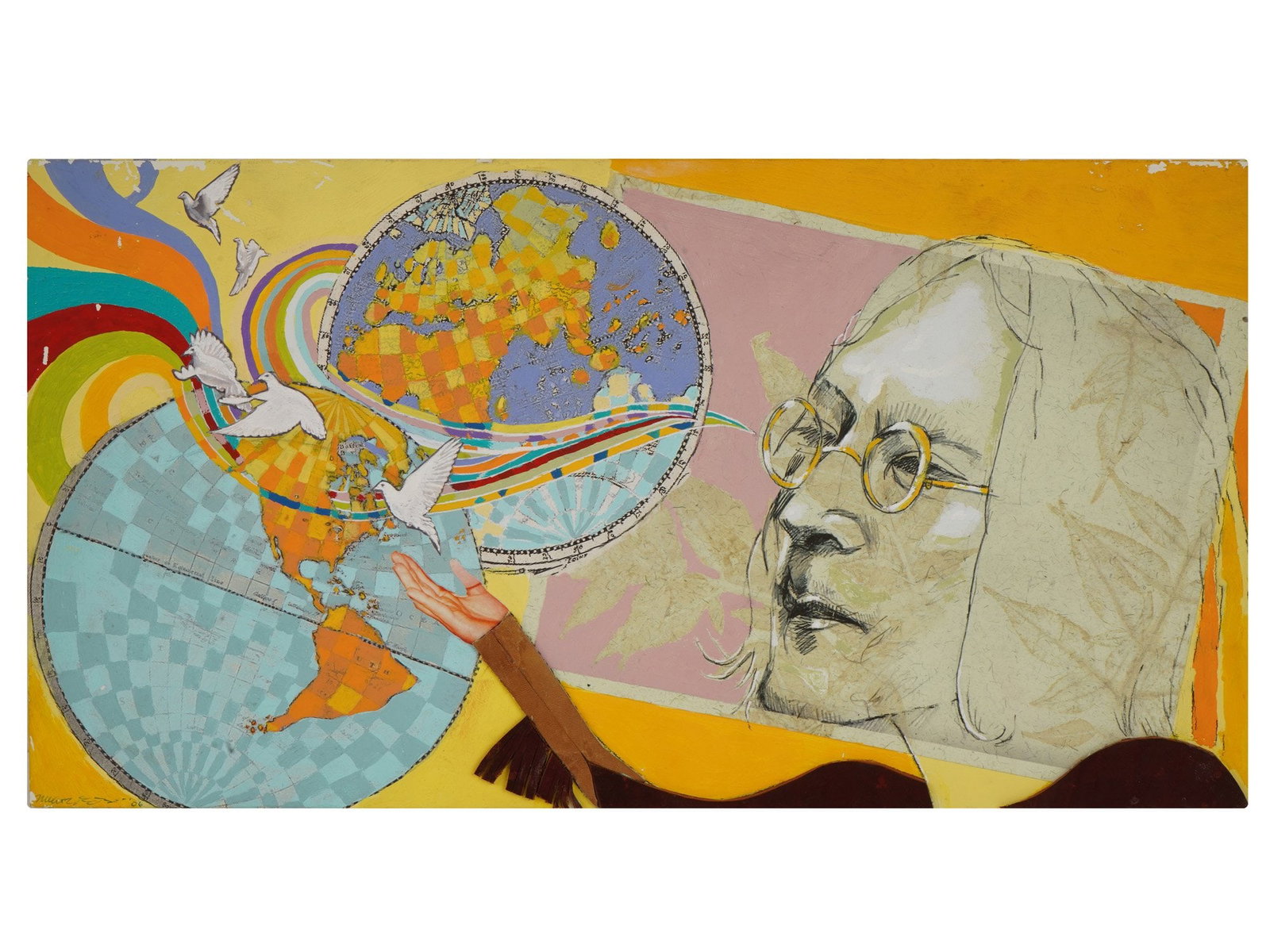 MIXED MEDIA ARTWORK PEACE SIGNED MISHA TYUTYUNIK: A mixed-media artwork on a wood panel titled Peace. Signed Misha Tyutyunik and dated 2006 lower left. Features a stylized portrait of John Lennon alongside white doves, a globe, and a vibrant rainbow.