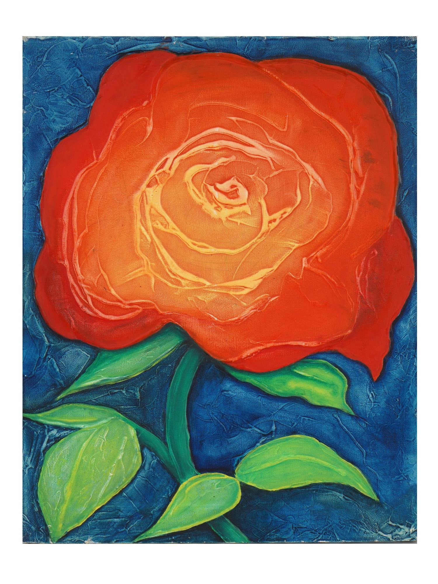 VINTAGE OIL ON CANVAS STILL LIFE PAINTING W ROSE: A vintage oil on canvas still life painting. The painting depicts a large bright red rose against a contrasting blue background. Unsigned. Fine Art and Collectibles, Home Decor. THIS LOT IS ELIGIBLE F