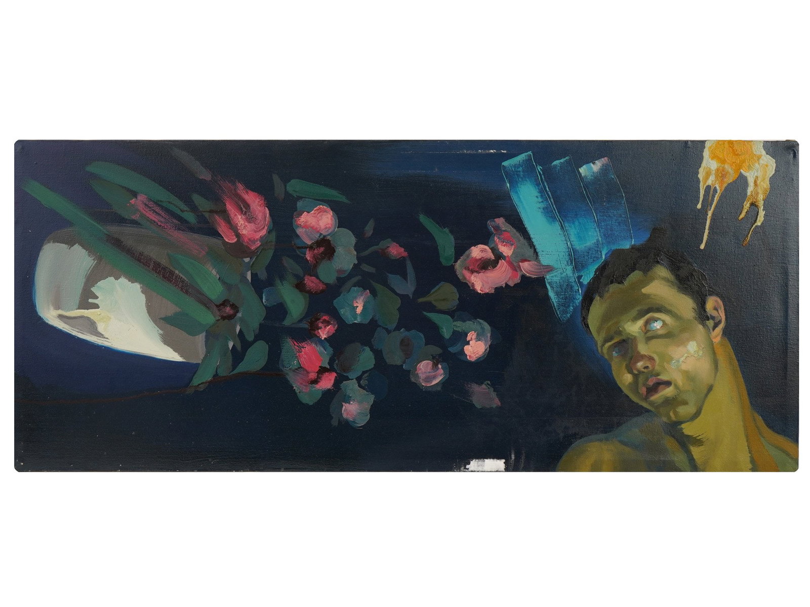 LARGE MODERN NEO EXPRESSIONIST OIL PAINTING: A large modern Neo Expressionist oil painting on canvas. The horizontal artwork features a Neo-Expressionist composition centered on a male figure in the lower right quadrant, rendered with a dramatic