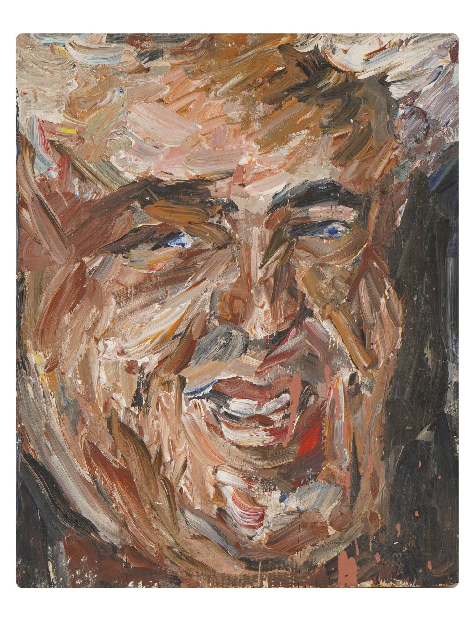 VINTAGE MALE PORTRAIT OIL PAINTING: Oil painting on wood panel. American, late 20th century. The artwork depicts a close-up portrait of a laughing man. Impaston technique, thick sculptural brushstrokes. Unsigned. Unframed. Collectible F