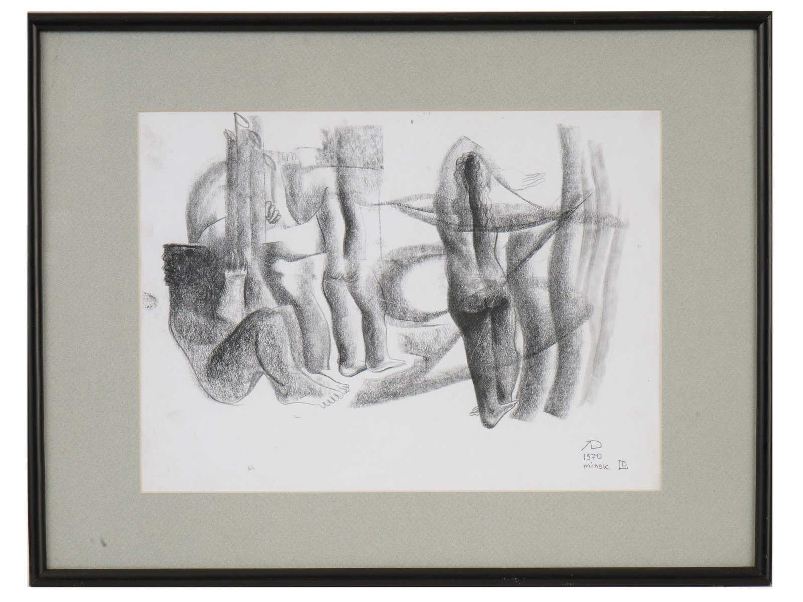 BELARUSIAN NUDE STUDY GRAPHITE DRAWING SIGNED LD: Graphite drawing on paper. Modernist-style study of several nude figures. Dated 1970, Minsk, Belarus. Signed lower right, LD. Framed. Collectible Graphic Art, Figurative Painting, Wall Decor, Eastern 