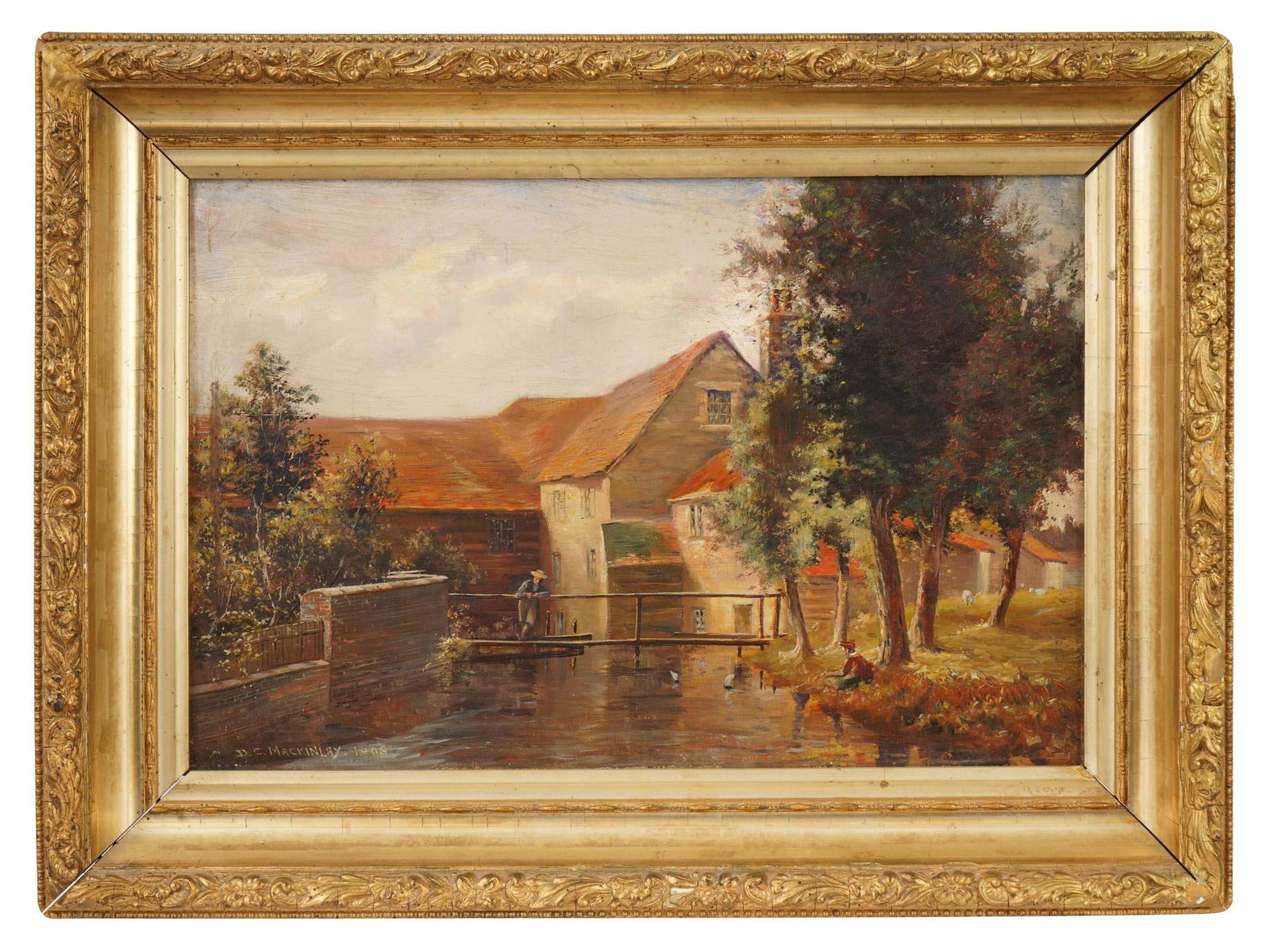 TOWN LANDSCAPE OIL PAINTING SIGNED D.C. MACKINLAY: Oil painting on canvas. 17th century-style European town landscape, a house by the river. Signed D.C. Mackinlay and dated 1906 lower left. Framed. Houghton Dutton label on the backside. Collectible Fi