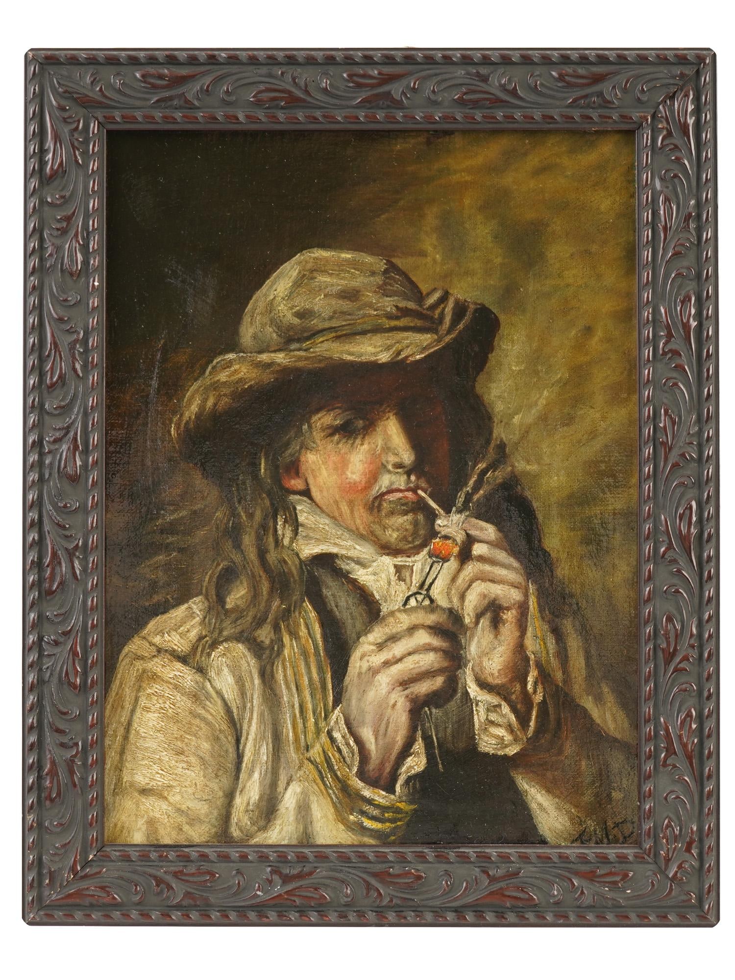 DUTCH STYLE MALE PORTRAIT OIL PAINTING SIGNED: Oil painting on canvas. In the manner of Flemish or Dutch 17th century painting. Portrait of a man smoking a pipe. Illegibly signed with initials lower right. Framed. Collectible Fine Art,