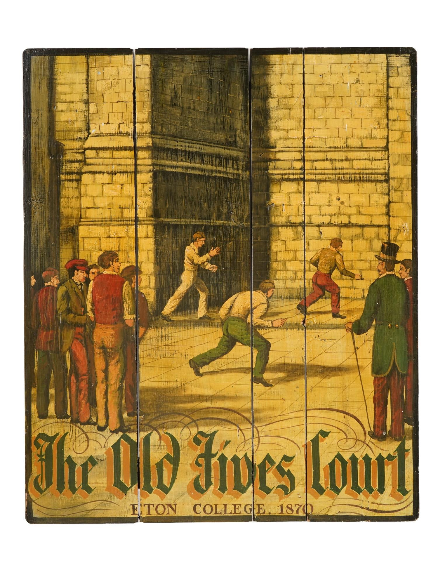 ANTIQUE ENGLISH OIL ETON FIVES ETON COLLEGE PAINTING: An antique English oil on wood board genre painting. The painting depicts an Eton fives scene with a ball game and a group of spectators flanking it. The title: The Old Fives Court, Eton College, 1870