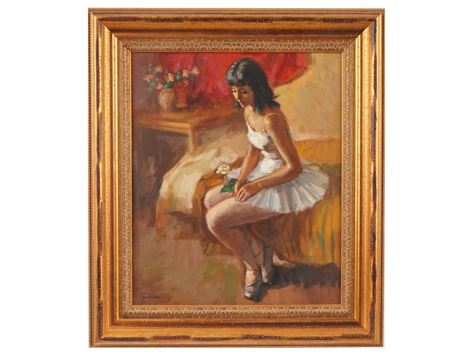 FRENCH PORTRAIT OIL PAINTING BY MARC REBIERRE: An oil on canvas painting by Marc Rebierre, French, born 1934, depicts a seated ballerina in a white tutu, captured in a moment of quiet reflection within an interior setting. The work demonstrates th