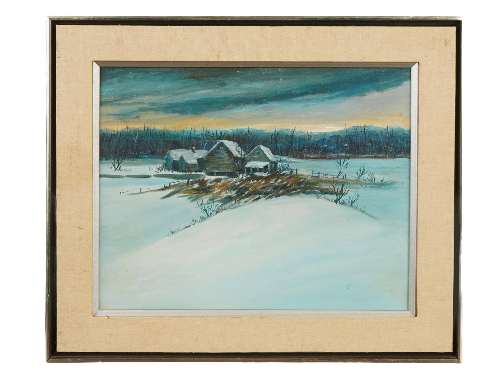 PAINTING WINTER LANDSCAPE SIGNED VIKI RAKOFF: An original oil painting on canvas depicting a winter landscape, inscribed Viki Rakoff on a frame. Viki Rakoff was a Russian-American Impressionist artist active in the 20th century, with works known 