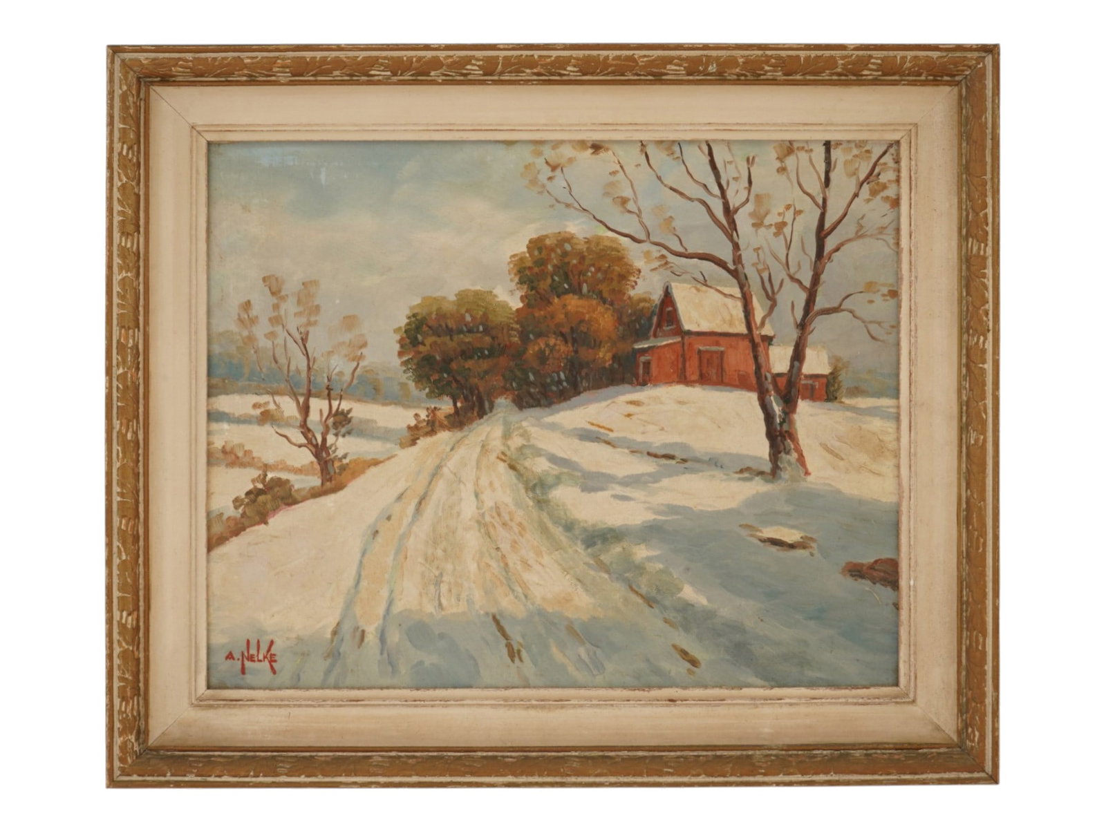 ALEXANDER NELKE AMERICAN WINTER LANDSCAPE OIL PAINTING: Sergei Alexander Nelke, Estonian-American, 1894 to 1974, oil painting on masonite. View of a snow-covered village road. Signed lower left. Undated. Framed. Alexander Nelke is a self-taught artist prim