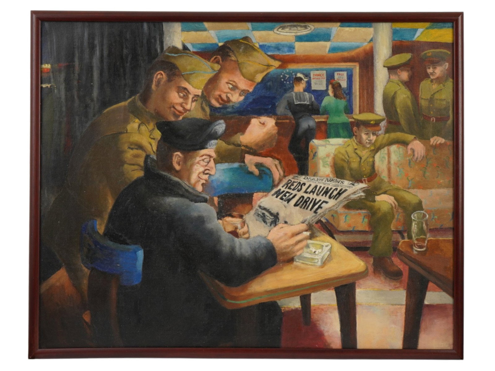 MID CENTURY AMERICAN MILITARY SCENE OIL PAINTING: Oil painting on canvas. American, ca. 1940s to 1950s. The artwork depicts a group of military in a hotel lobby, reading an issue of the Daily News titled Reds Launch New Drive, referring to the events