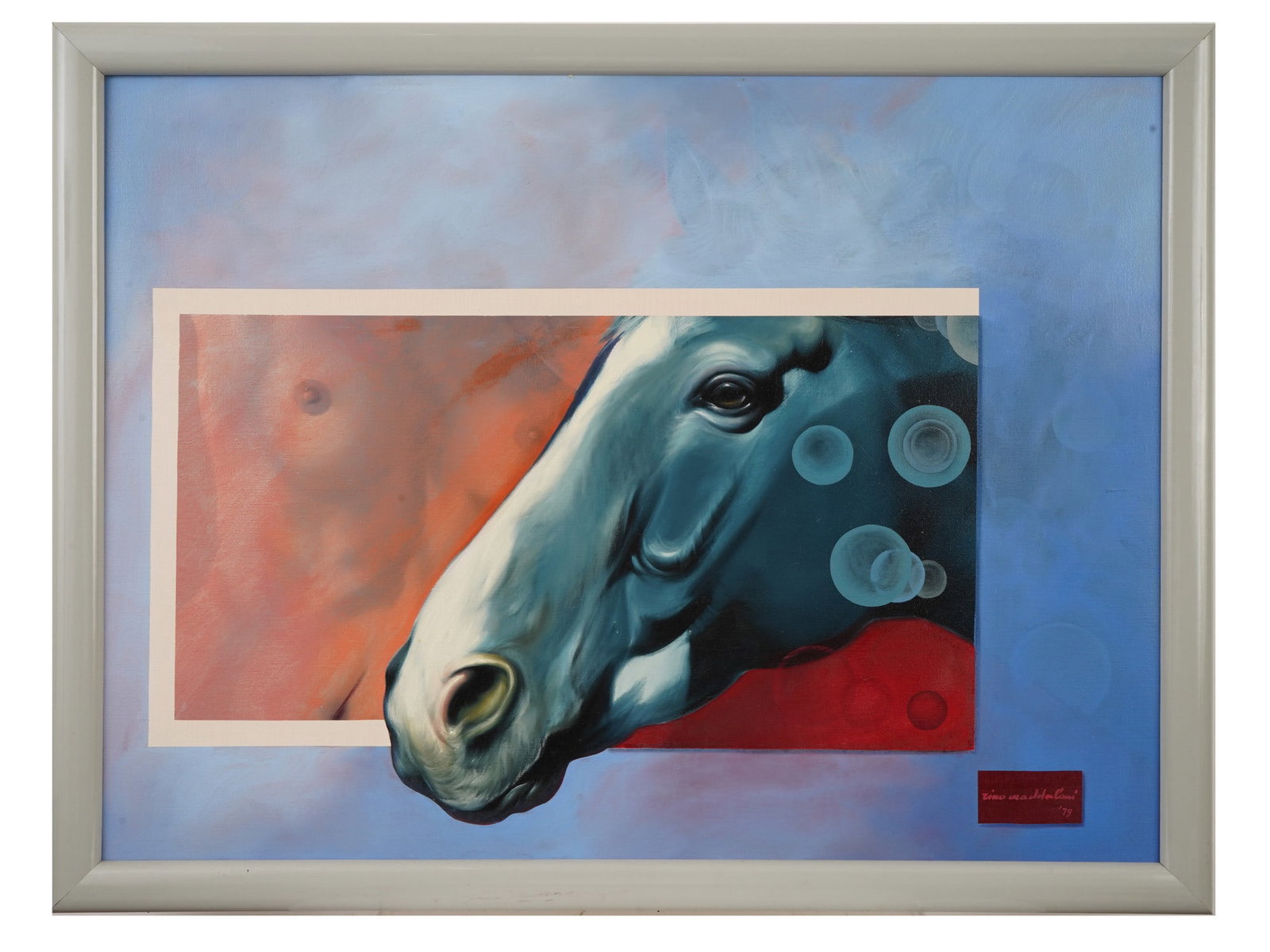 MODERNIST ITALIAN OIL PAINTING BY RINO MADDALONI: Gennaro Rino Maddaloni, also known as Reno Madaloni, Italian American, born 1943, an oil painting on canvas depicting a composition with a horse head and a female figure. Signed and dated 79, lower ri