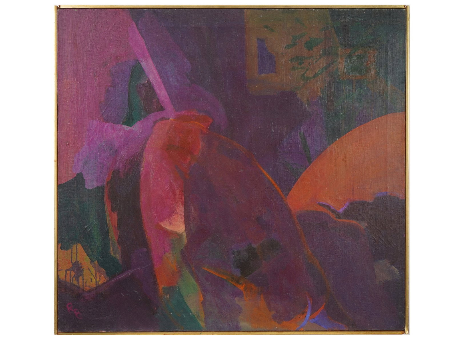 CONTEMPORARY ABSTRACT OIL PAINTING SIGNED RANA BEGUM: An oil painting on canvas depicting an abstract composition. Inscribed, R. Begum, on the backside. Rana Begum, born 1977, is a renowned British Bangladeshi visual artist who lives and works in London,