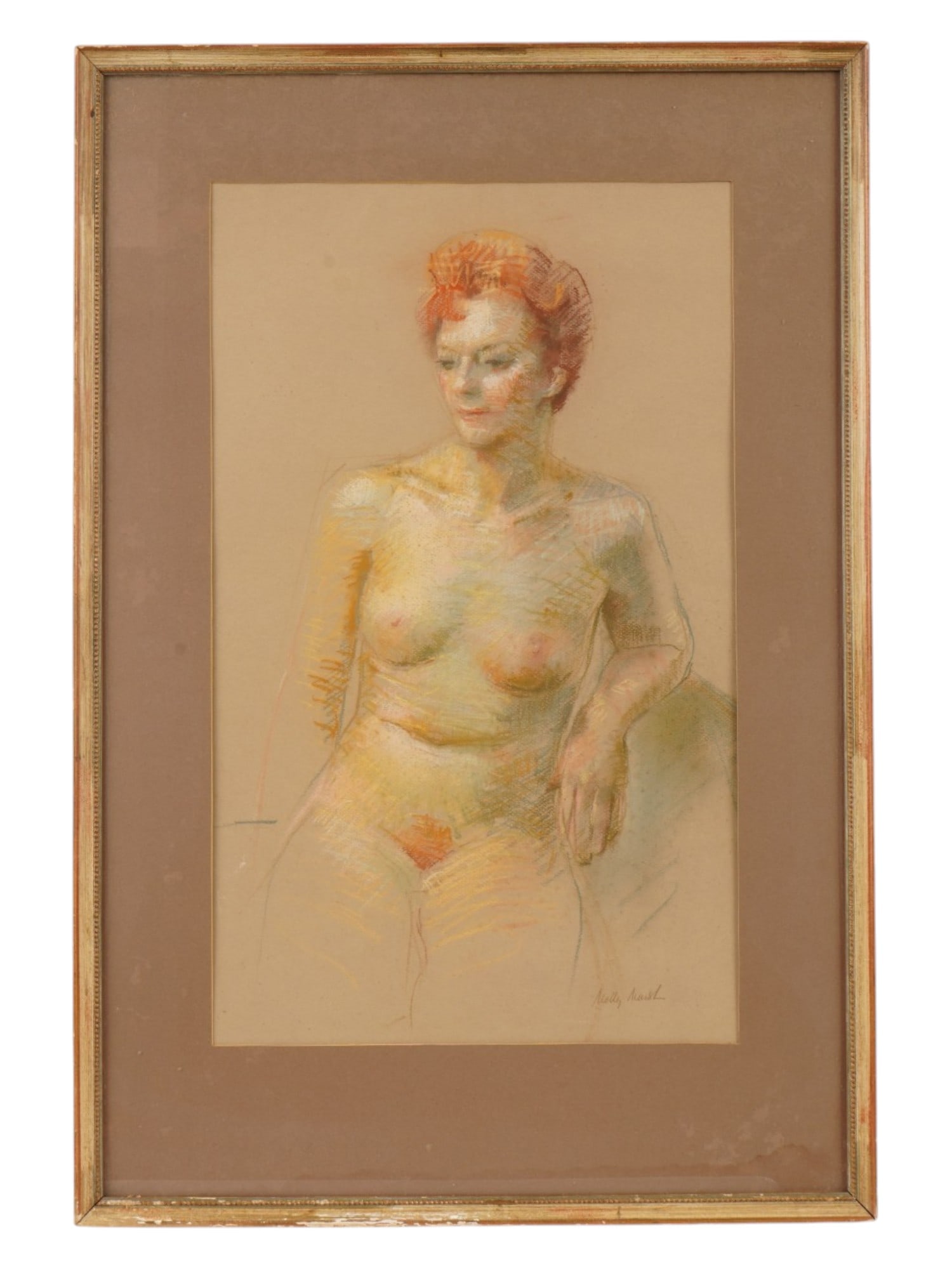 ANTIQUE AMERICAN PASTEL PAINTING BY MOLLY MAISL: An antique American pastel on paper painting. Circa early 20th century. The painting depicts a female nude figure in a three-quarter length pose, characterized by expressive line work and a vibrant ap