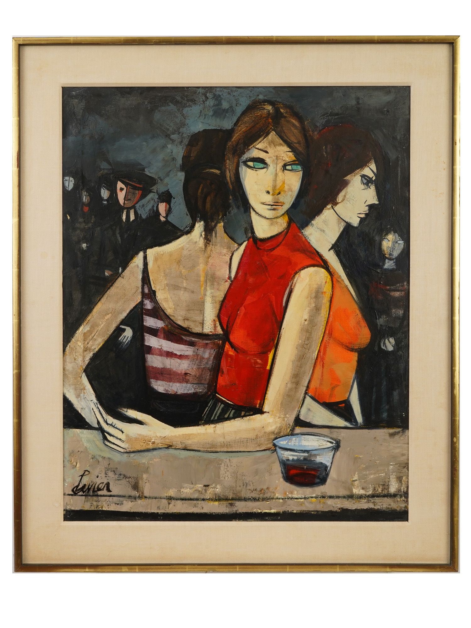 MODERNIST FRENCH OIL PAINTING SIGNED CHARLES LEVIER: An oil painting on canvas depicting a genre scene with three women at cafe. Signed, Levier, lower left. Framed. Charles Levier, 1920 to 2003, was a prominent French American post impressionist and cub