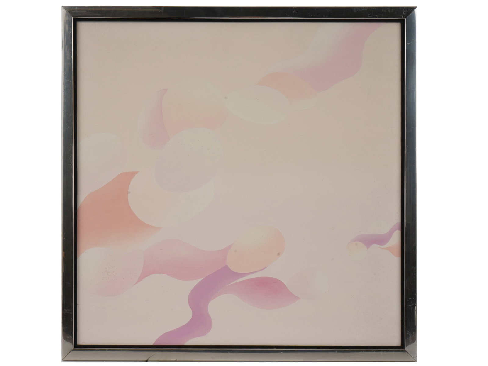 FRENCH ABSTRACT OIL PAINTING SIGNED LOUISE BARBU: An oil painting on canvas depicting an abstract composition. Framed. Additionally inscribed, Louise Barbu and dated 75, on the backside. Louise Barbu, 1931 to 2021, was a self taught French non figura
