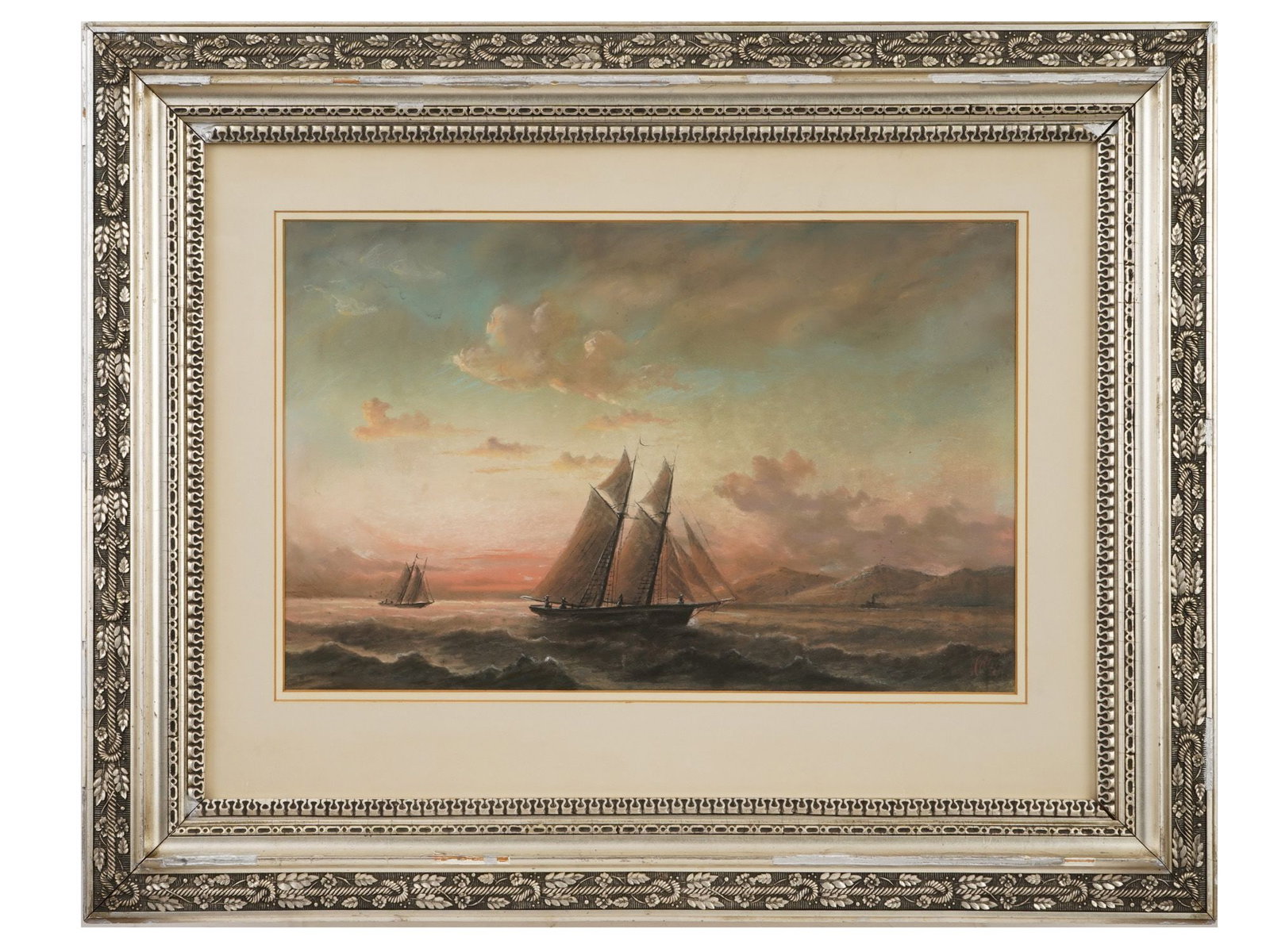 SEASCAPE PASTEL PAINTING SIGNED BY THE ARTIST FRAMED: A pastel painting on paper depicting a seascape with ships. Illegibly signed by the artist and dated, lower right. Framed. Antique and Vintage Fine Art, Seascapes and Marine Scenes Paintings, and Coll