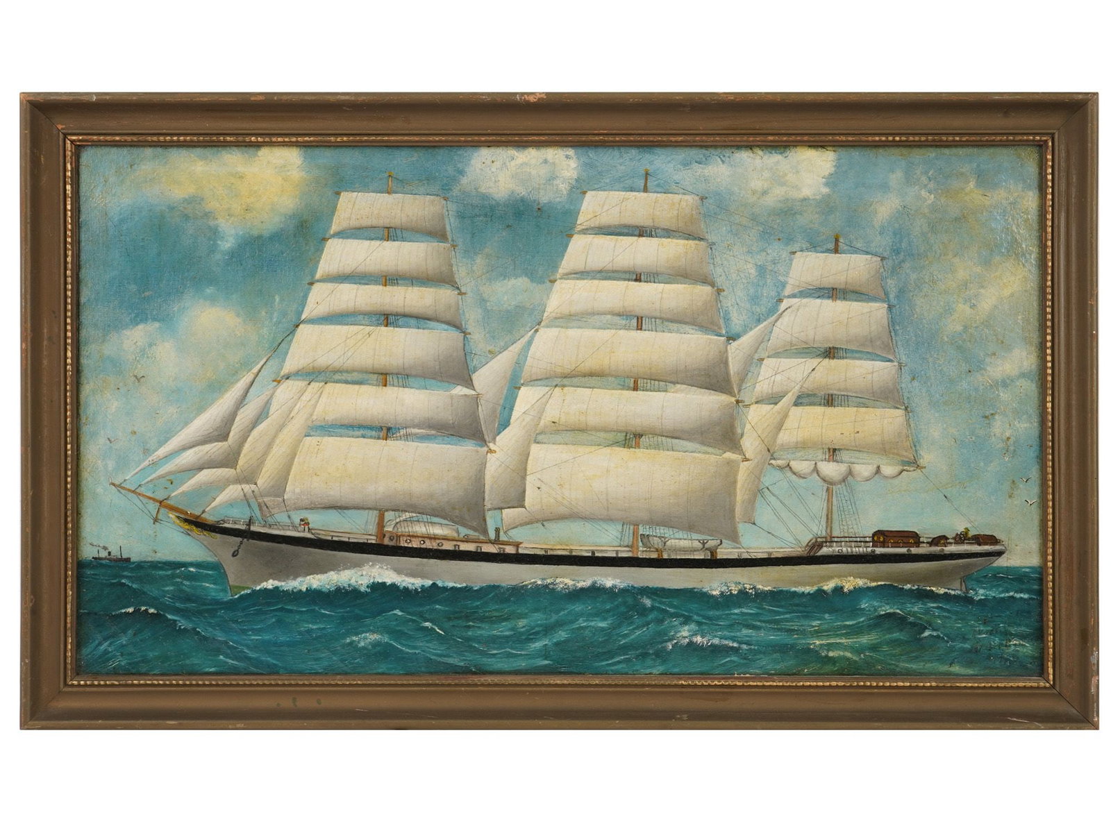 AMERICAN SEASCAPE OIL PAINTING SIGNED ANTONIO JACOBSEN: An oil painting on board depicting a seascape with a ship. Signed, Antonio Jacobsen, and dated, lower right. Framed. Antonio Nicolo Gasparo Jacobsen, 1850 to 1921, was a prominent American marine arti