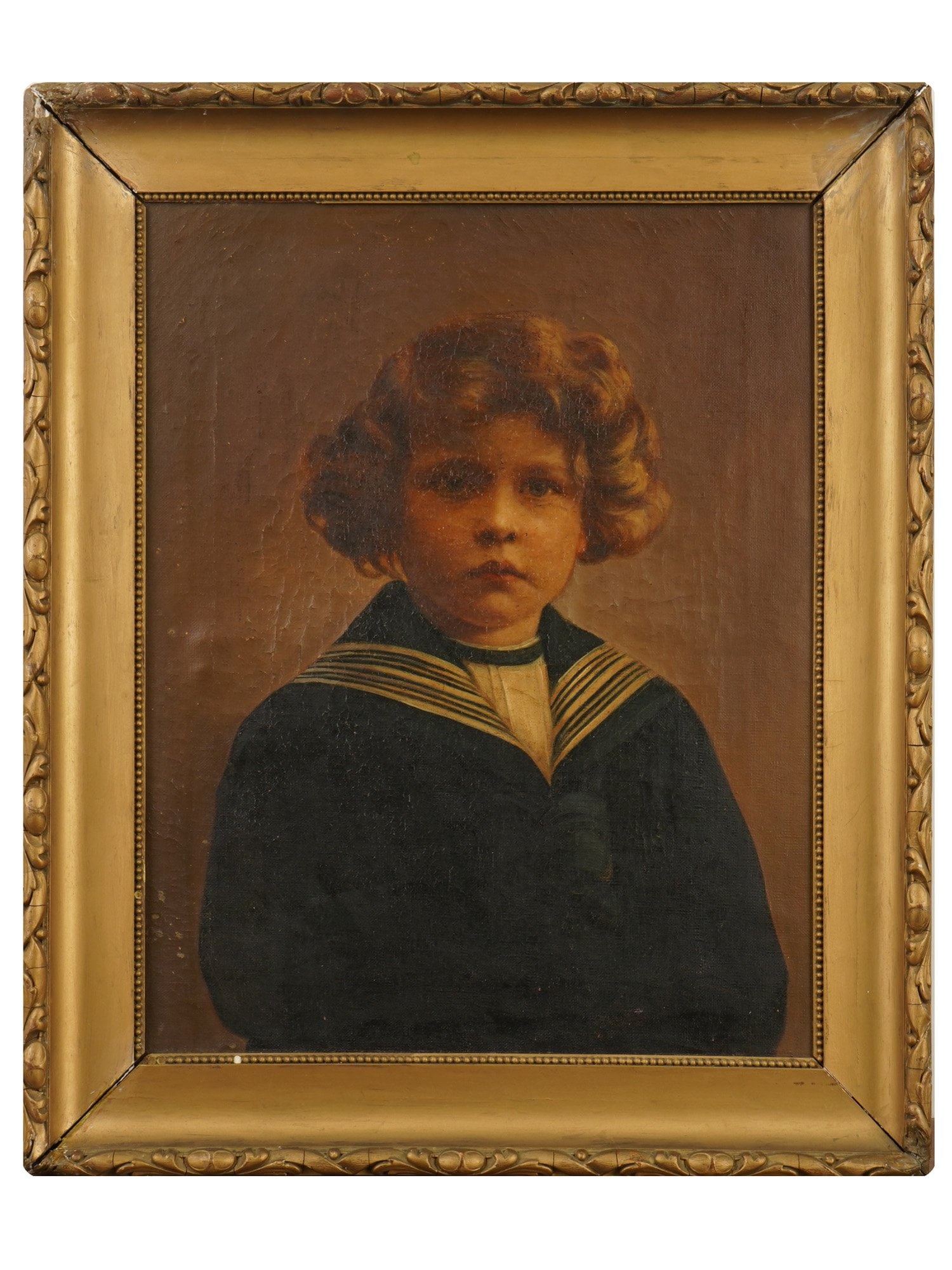 ANTIQUE OIL ON CANVAS YOUNG BOY PORTRAIT PAINTING: An antique oil on canvas young boy portrait painting. Circa the late 19th to early 20th century. The painting depicts a young boy with curly hair against a neutral, dark background. The child is dress