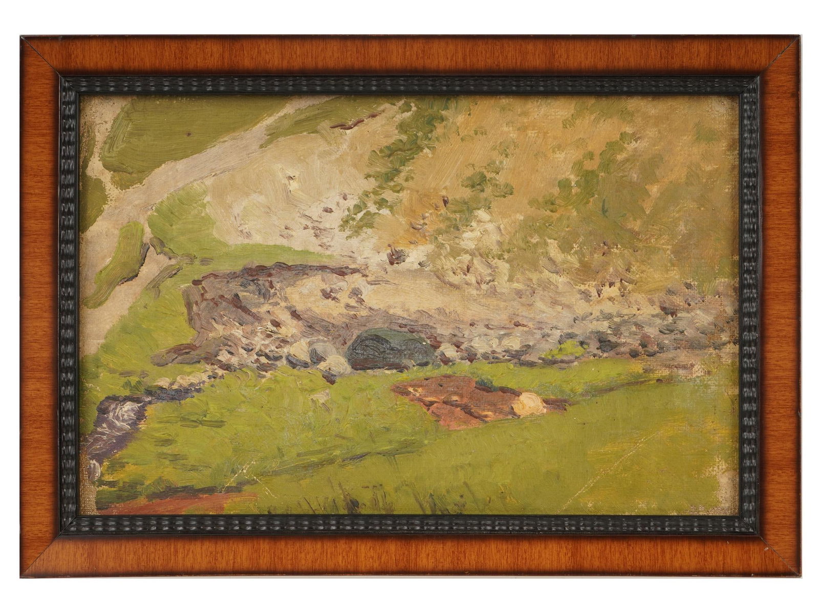 YURI PAVLOVICH UKRANIAN LANDSCAPE OIL PAINTING: Yuri Pavlovich, Ukranian, 1874 to 1947, oil painting on canvas. The artwork depicts a hill cave. Unsigned. Framed. Yuri Pavlovich was a Ukranian painter, ethnographer, and researcher of Ukrainian folk