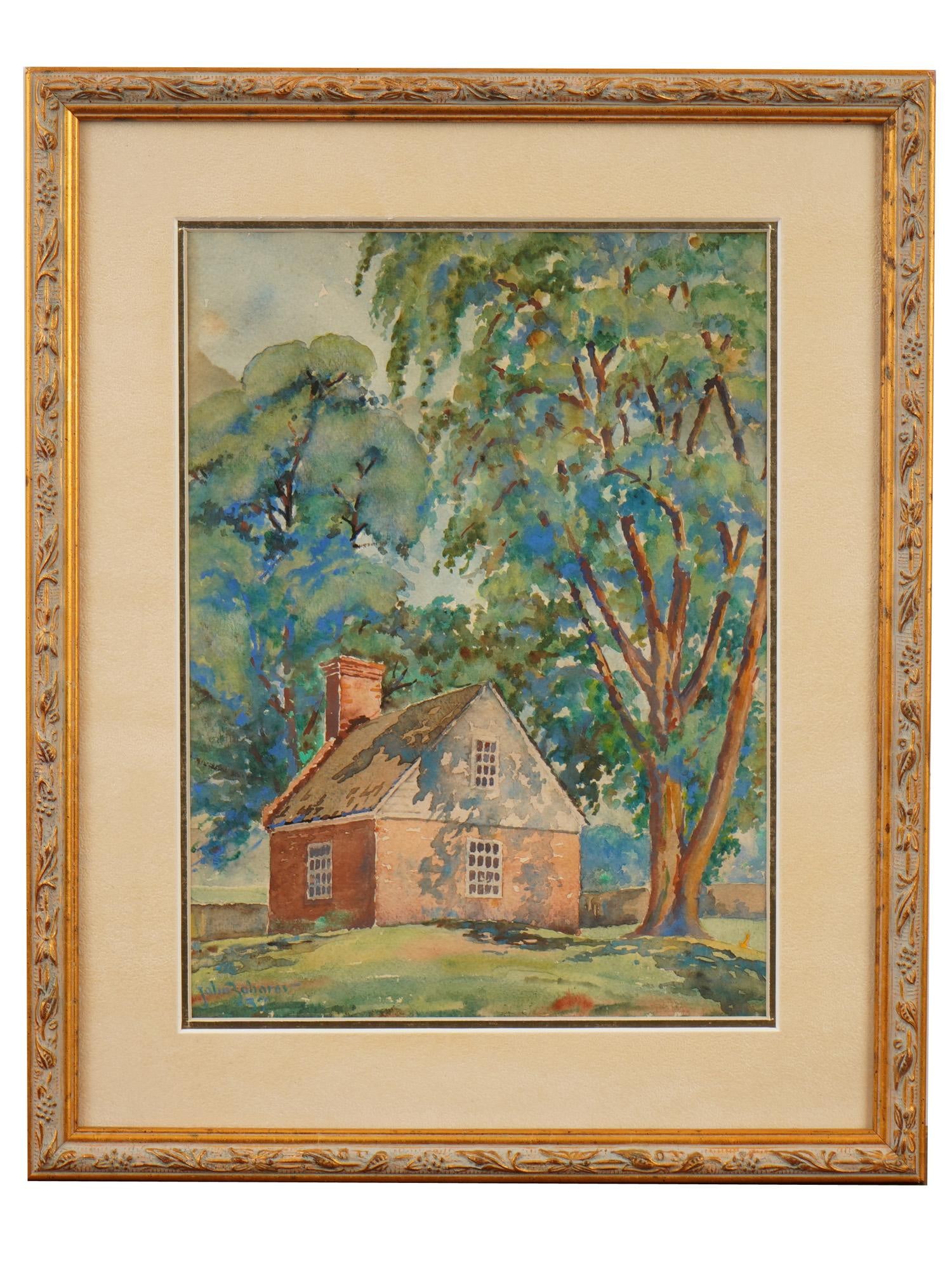 LANDSCAPE PAINTING SIGNED JOHN ZAHAROV BRICK COTTAGE: A watercolor on paper signed John Zaharov and dated 1937. The painting depicts a rustic brick cottage nestled among towering trees. Presented in a linen mat and gilt wood frame. Mid-20th-Century Lands