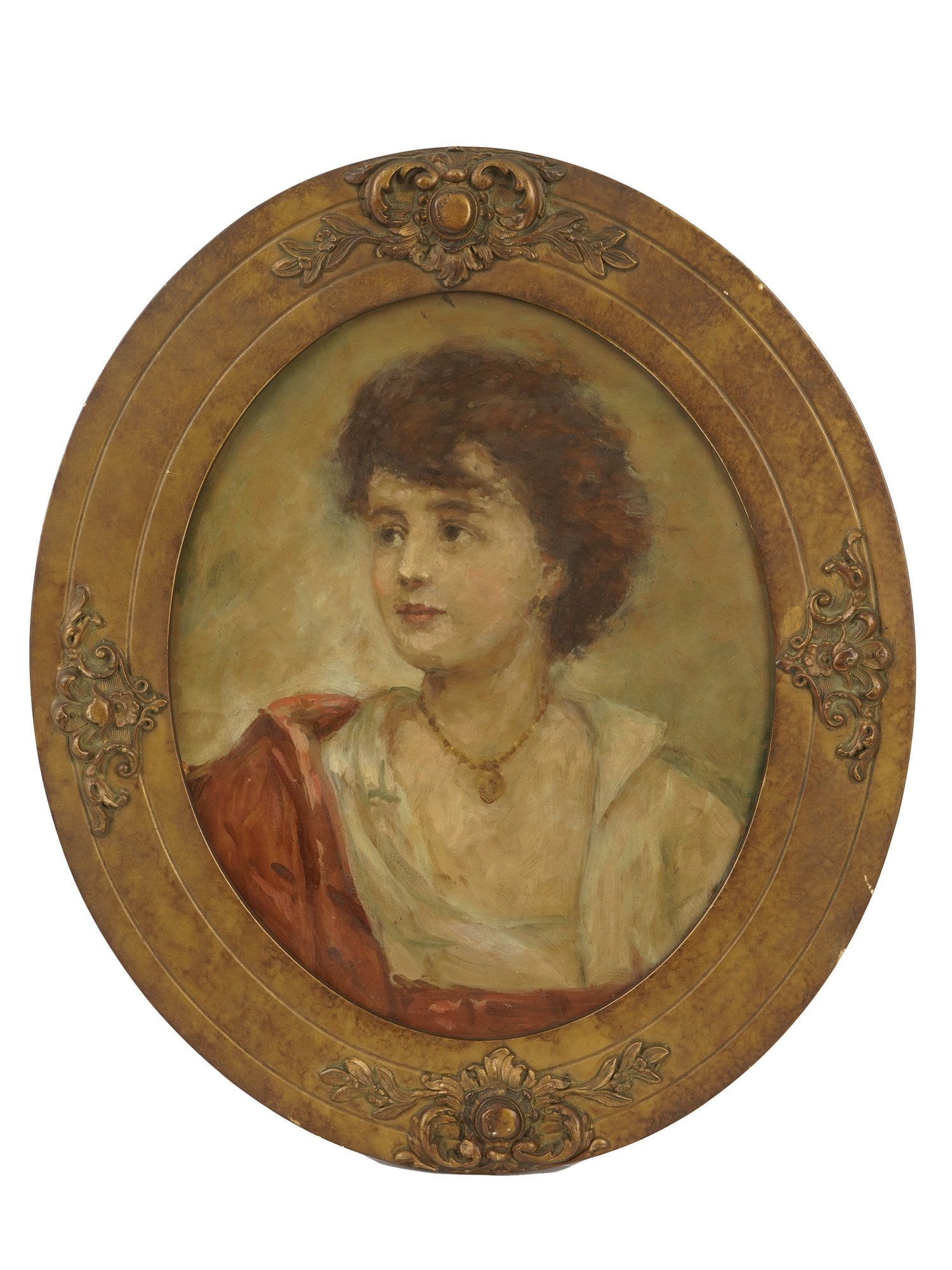 ANTIQUE PORTRAIT PAINTING OF YOUNG WOMAN: An oil portrait painting on board, signed in the lower left. The composition depicts a bust-length portrait of a young woman in a three-quarter profile. Housed in an ornate oval gilt gesso frame. Late