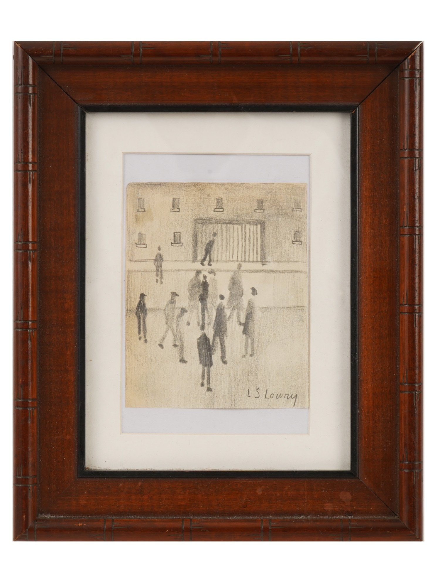 L.S. LOWRY BRITISH STREET SCENE GRAPHITE DRAWING: L.S. Lowry, British, 1887 to 1976, graphite drawing on paper. Sketch of people conversing and walking in front of a factory gate. Signed lower right. Matted and framed. Laurence Stephen Lowry was a Br