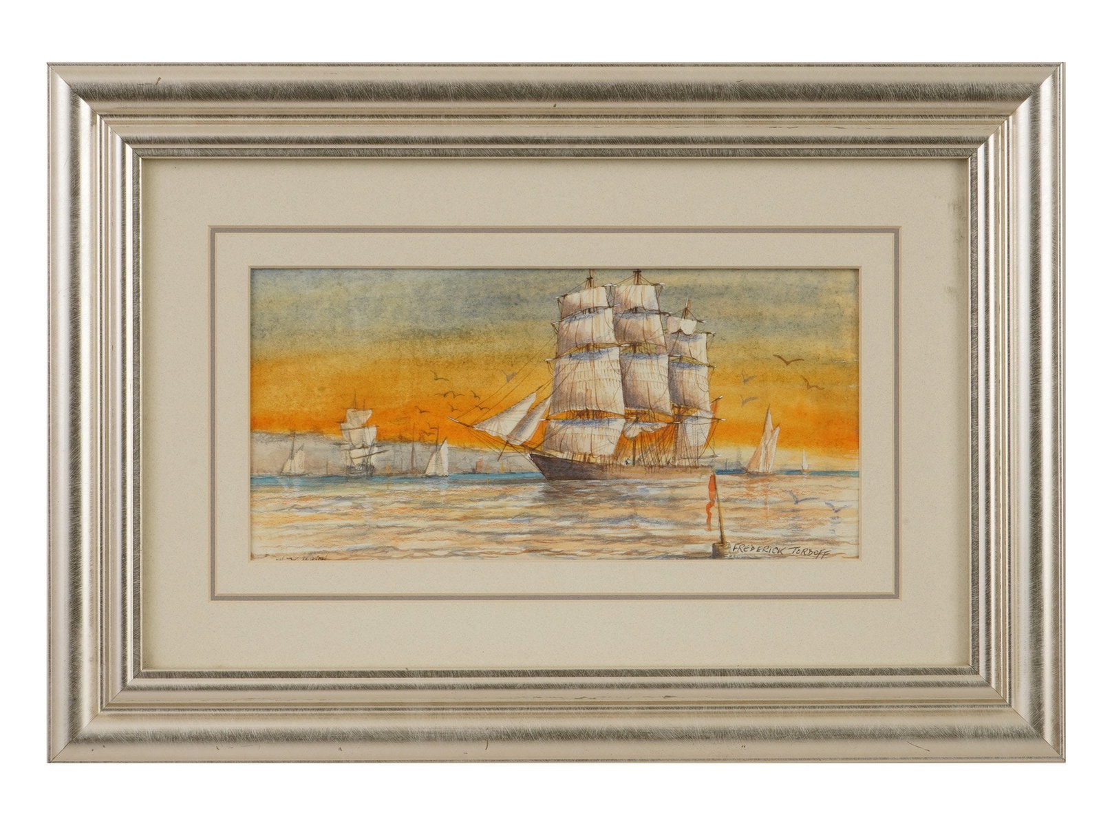 AMERICAN MARINE PAINTING SIGNED FREDERICK TORDOFF: A watercolor and ink marine painting on paper signed Frederick Tordoff, American, 1939 to 2022, in the lower right. The composition depicts a majestic fully rigged sailing ship at sunset. Framed. Amer