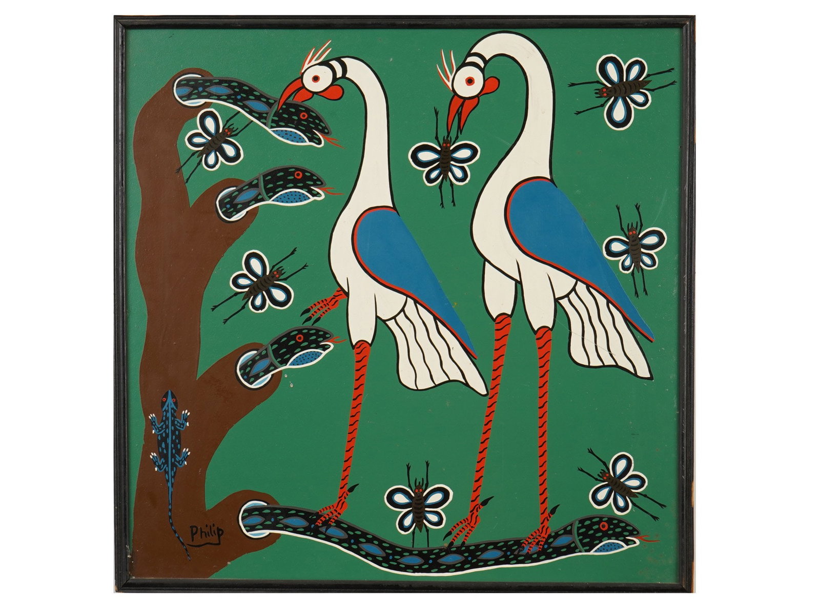 TINGA TINGA STYLE AFRICAN PAINTING SIGNED PHILIP: Acrylic painting on masonite. Tinga Tinga style, East African genre associated with the artist Edward Tingatinga. Colorful flattened depiction of storks, snakes, and flies againste the green backgroun
