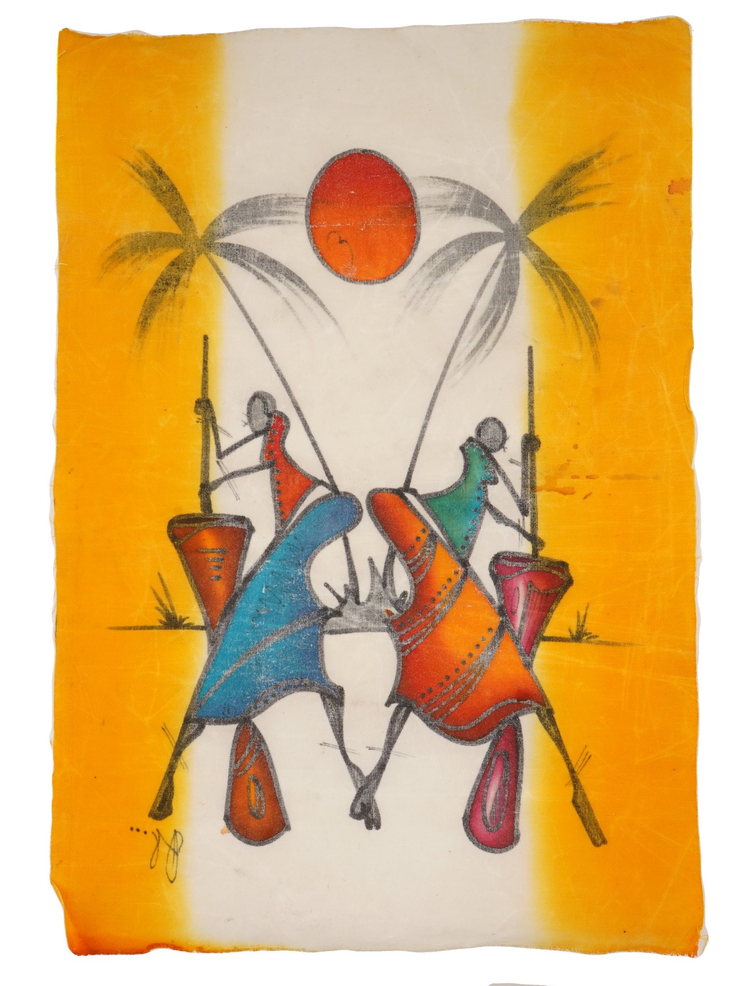 AFRICAN MAASAI TRIBE BATIK PAINTING OF TWO WOMEN SIGNED: An African Maasai tribe batik painting on fabric depicts two Maasai women engaged in the traditional task of pounding grain within a stylized East African landscape. The composition features central f