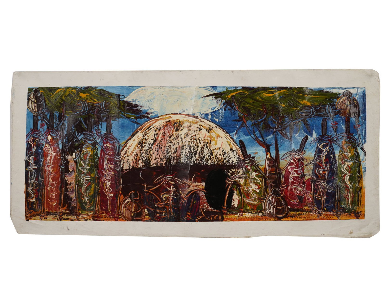 LARGE AFRICAN EXPRESSIONIST OIL PAINTING BY AIDA: A large African expressionist oil on canvas painting by Aida depicting a traditional East African village scene, evocative of a Night in Kenya with rich cultural imagery and dramatic atmosphere. The c