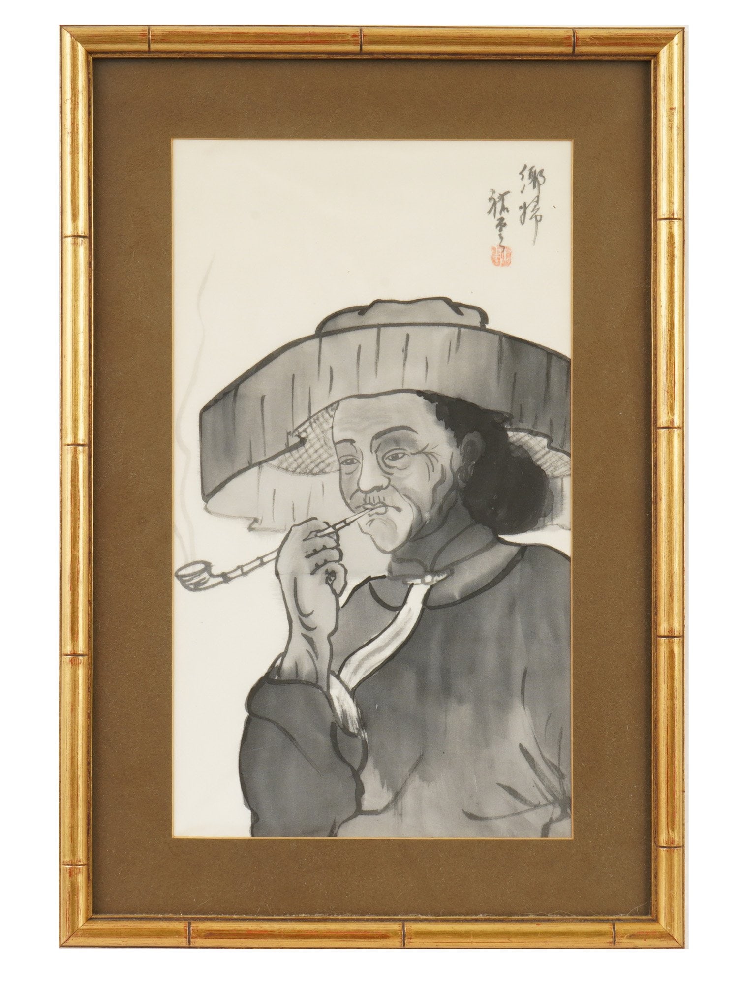 CHINESE INK AND WASH PAINTING ON SILK ELDERLY MAN: A Chinese ink and wash painting on silk depicting an elderly man smoking a long-stemmed bamboo tobacco pipe. The composition emphasizes the sitters weathered features, flowing robes, and broad straw h