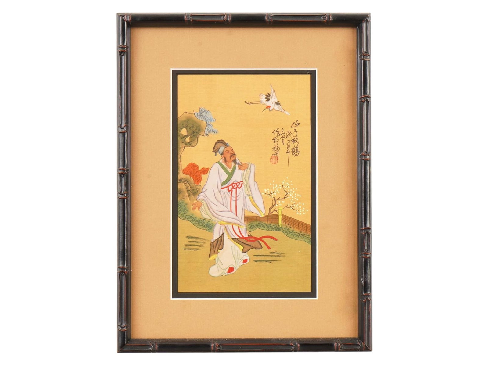 CHINESE WATERCOLOR ON SILK PAINTING SIGNED: A Chinese watercolor on silk painting appears to depict the legendary Tang Dynasty poet Li Bai. The subject, a scholar in flowing robes looking up at a crane, is a classic theme in Chinese art represe