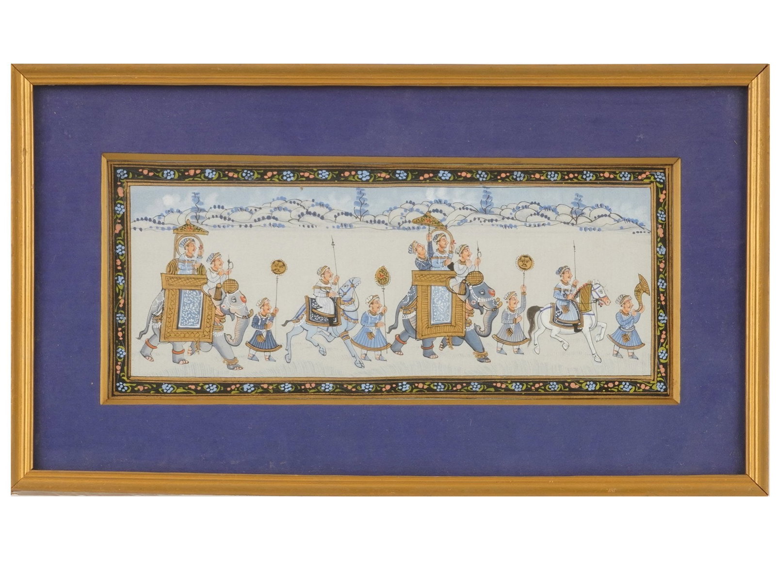 PERSIAN MINIATURE GENRE SCENE PAINTING ON A TEXTILE: A Persian miniature genre scene painting on a textile. The painting depicts a ceremonial procession, including riding elephants with palanquins, horses and accompanying people on foot. Matted and fram