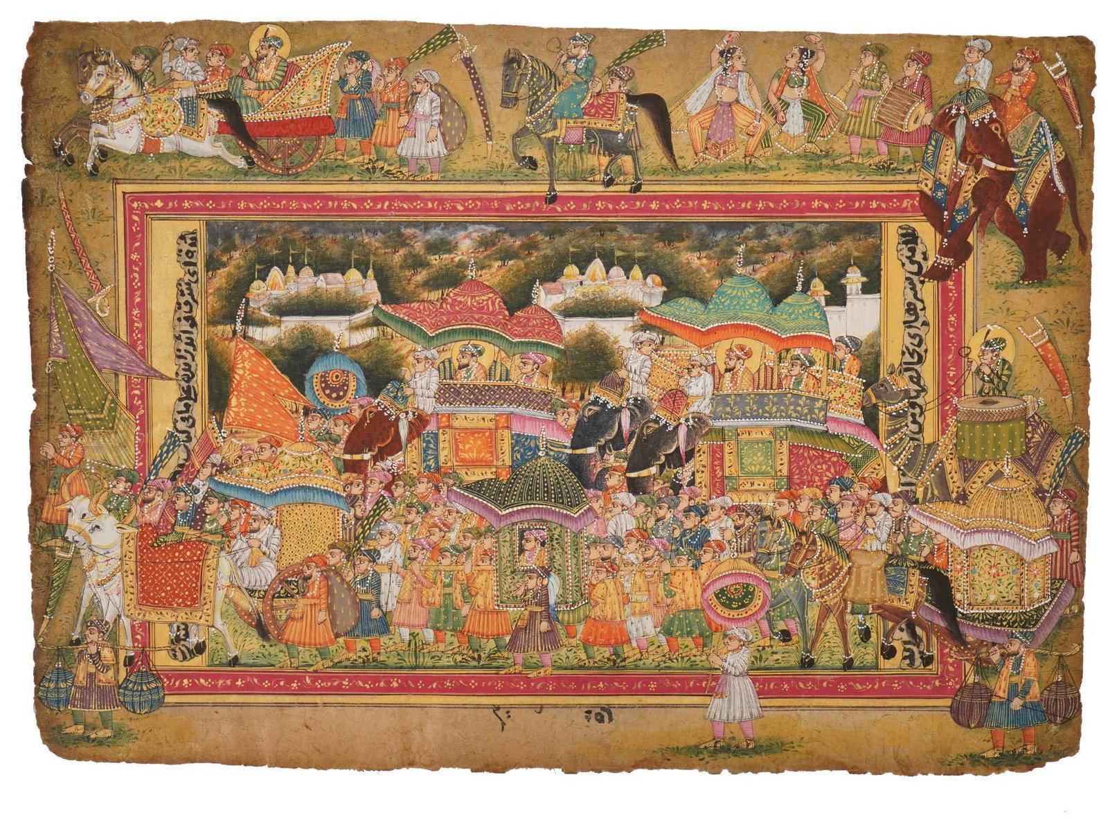 ANTIQUE INDO PERSIAN MUGHAL PAINTING W MANUSCRIPT: An antique Indo Persian Mughal Art miniature painting depicting a Royal travel scene in bold colors and with fine details. Carefully written with an Arabic calligraphic text right and left. A continua