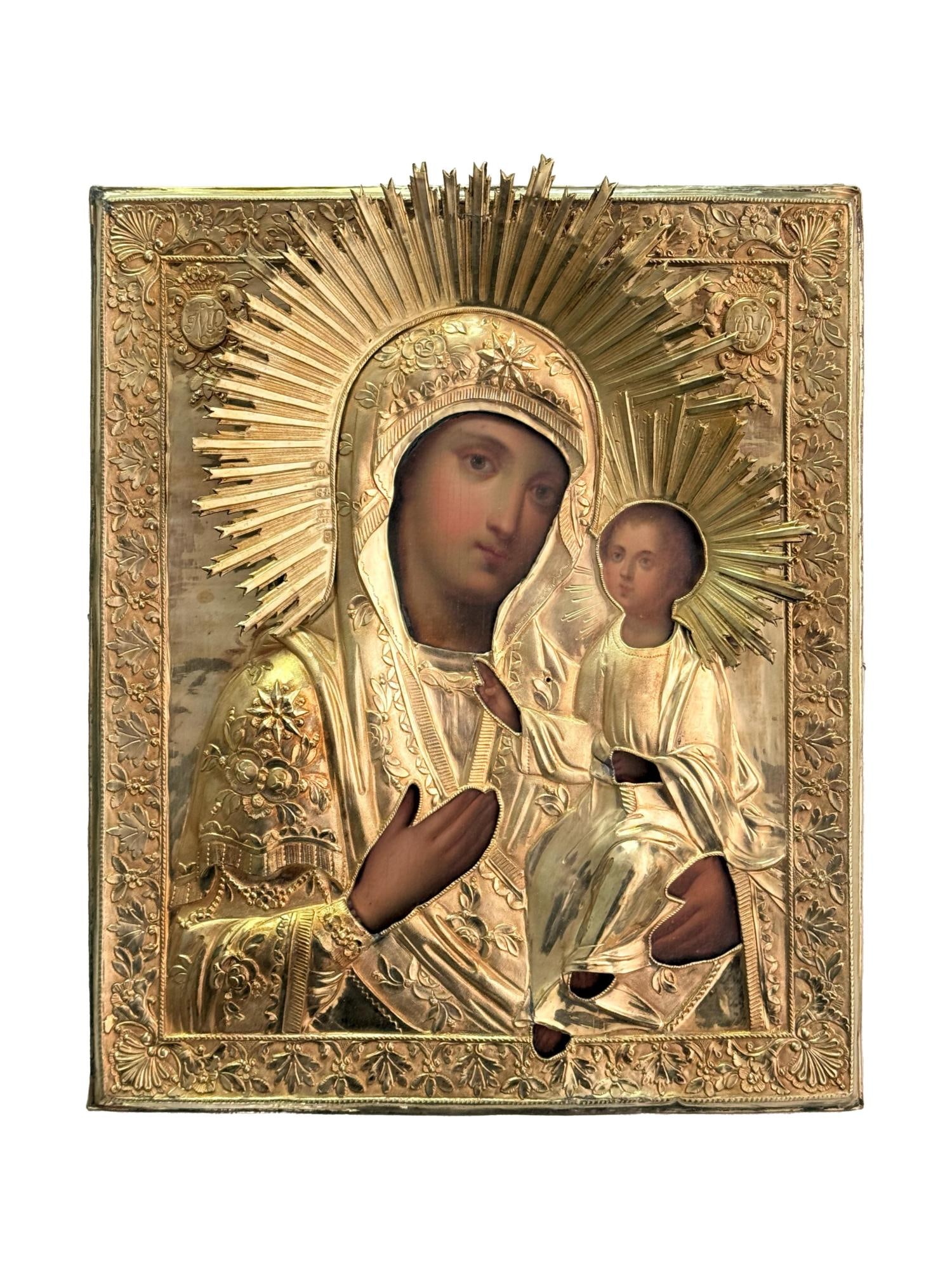 ANTIQUE RUSSIAN ICON SMOLENSK MOTHER OF GOD 1837: An antique 19th-century Russian Orthodox icon of Smolensk Mother of God in gilt silver oklad. Mixed media painting: egg tempera, gesso, and levkas on a wood board. Marked with 84 silver standard hallm