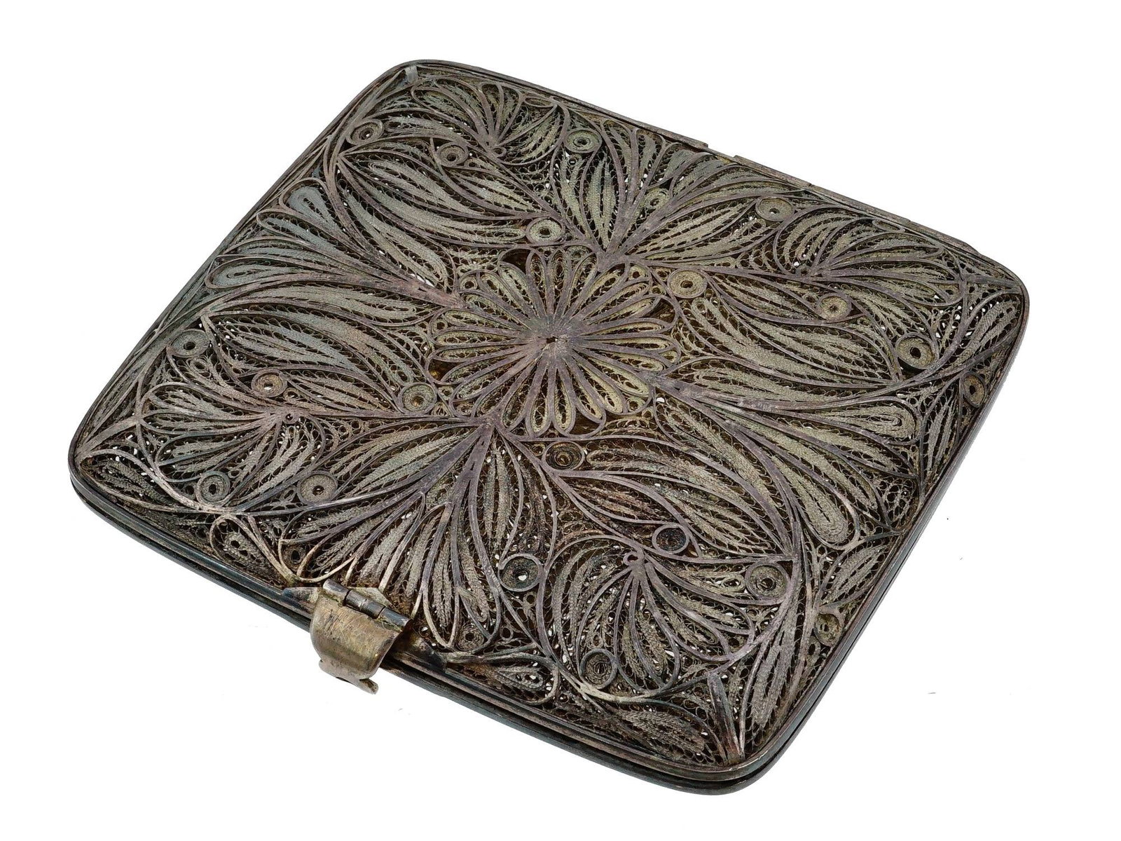 ANTIQUE SILVER FILIGREE CIGARETTE CASE WITH HINGED LID (1 of 9)