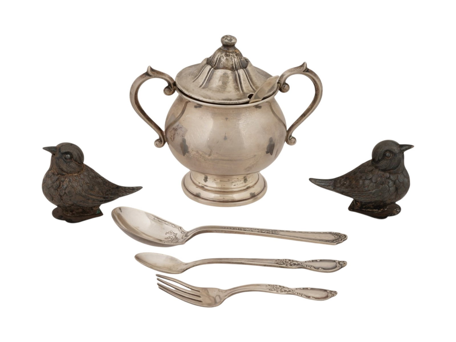 SILVER TABLEWARE SET OF SPOONS SUGAR BOWL AND SHAKERS (1 of 11)