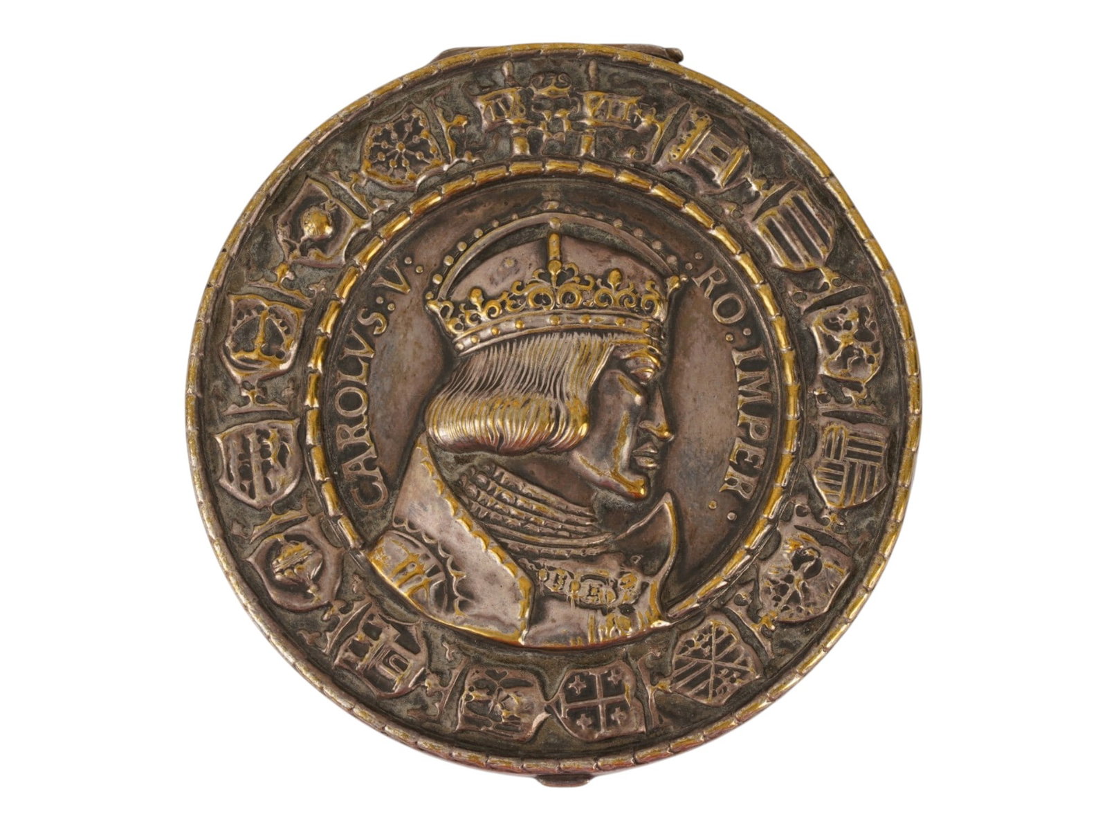 ANTIQUE GERMAN SILVER MEDAL DESIGNED BY ALBRECHT DURER: An antique German Nuremberg silver medal designed by Albrecht Durer, crafted by Hans Krafft the Elder. The city council of Nuremberg commissioned it in 1521 for a proposed visit by the newly crowned E