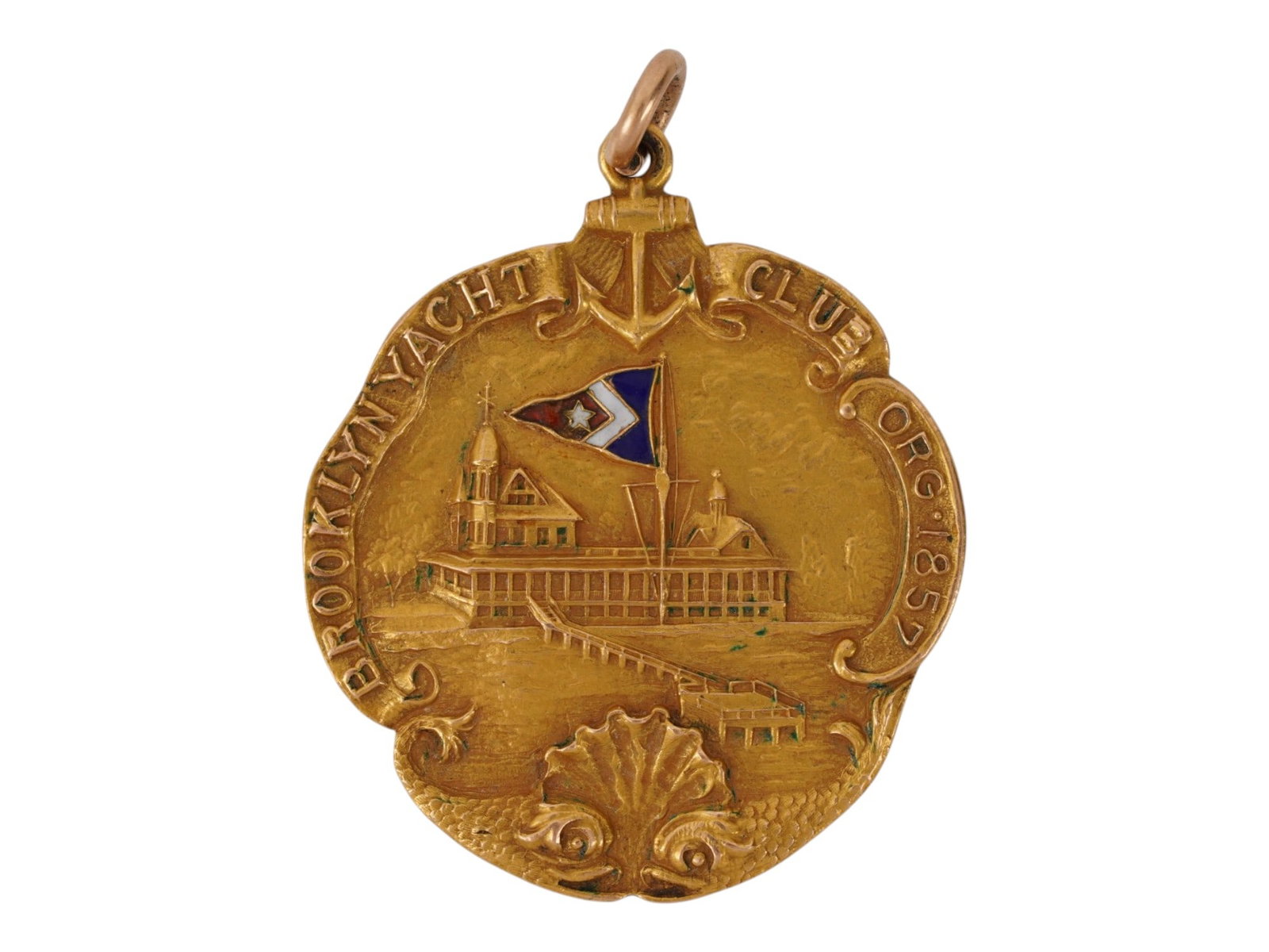 10K GOLD COMMEMORATIVE MEDAL OF BROOKLYN YACHT CLUB: A 10K Gold commemorative medal of the Brooklyn Yacht Club. It features an engraving of the clubs historic building and its burgee, as well as the inscription indicating the organizations founding year