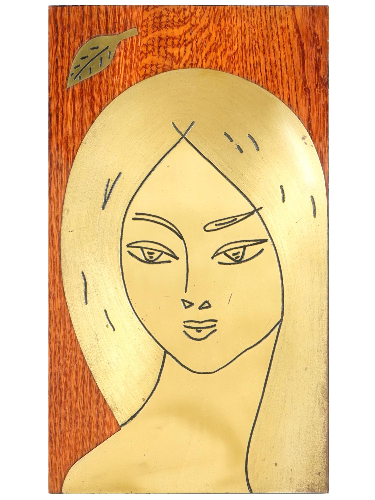 RUSSIAN SOVIET ERA DECORATIVE WOODEN WALL PANEL: A Russian Soviet era decorative wall panel. Ca. 1960s to 1970s. Polished rectangular wooden panel with brass overlay depicting a female portrait and a tree leaf. Titled Autumn. OTK label sticker and s