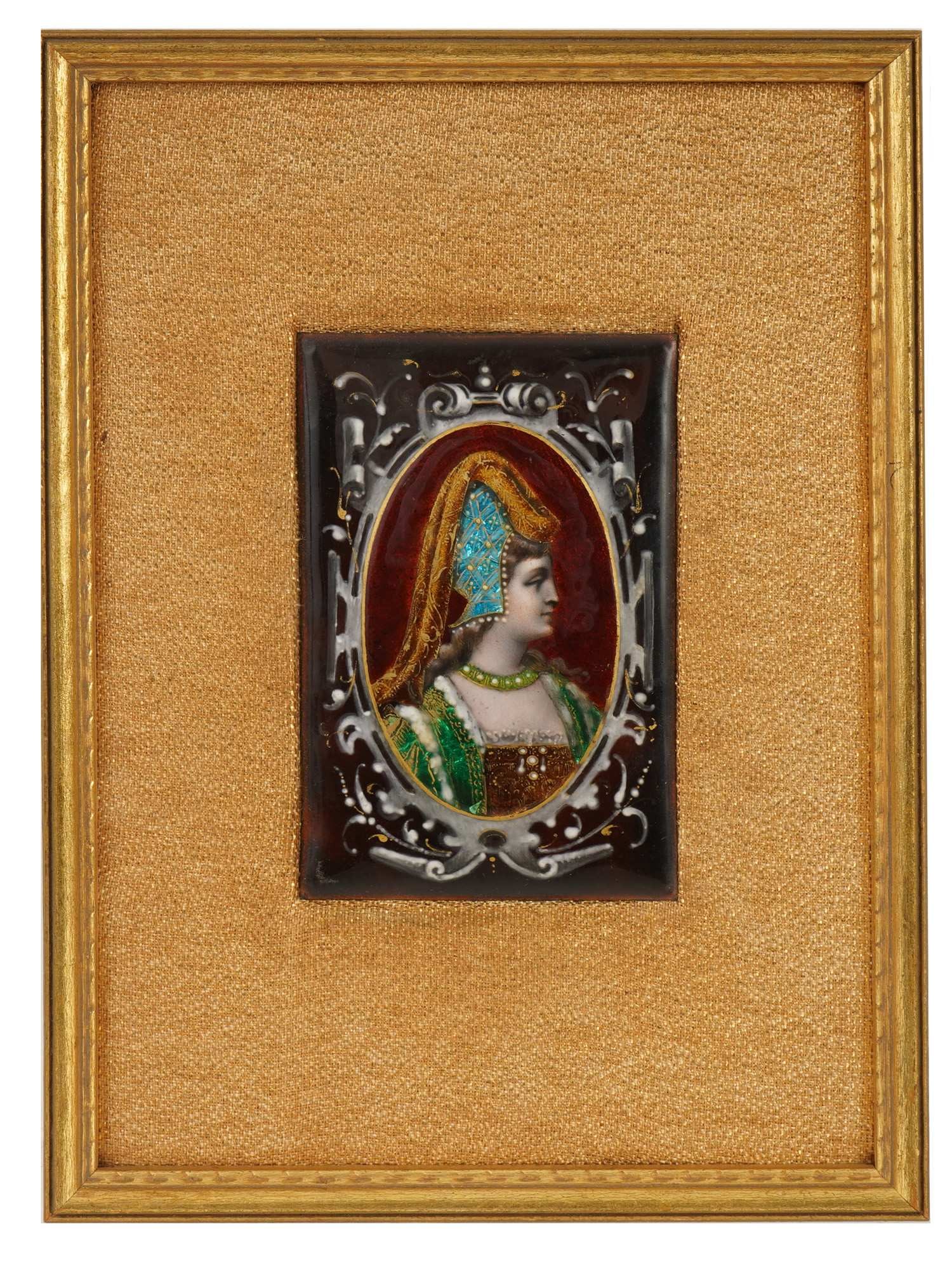 MINIATURE VINTAGE FRENCH SCHOOL PAINTED ENAMEL PLAQUE: A miniature vintage French school painted enamel plaque. Circa early to mid 20th century. The painting depicts a portrait of a noble lady, presumably Roxalena, in a luxurious outfit, including a high 
