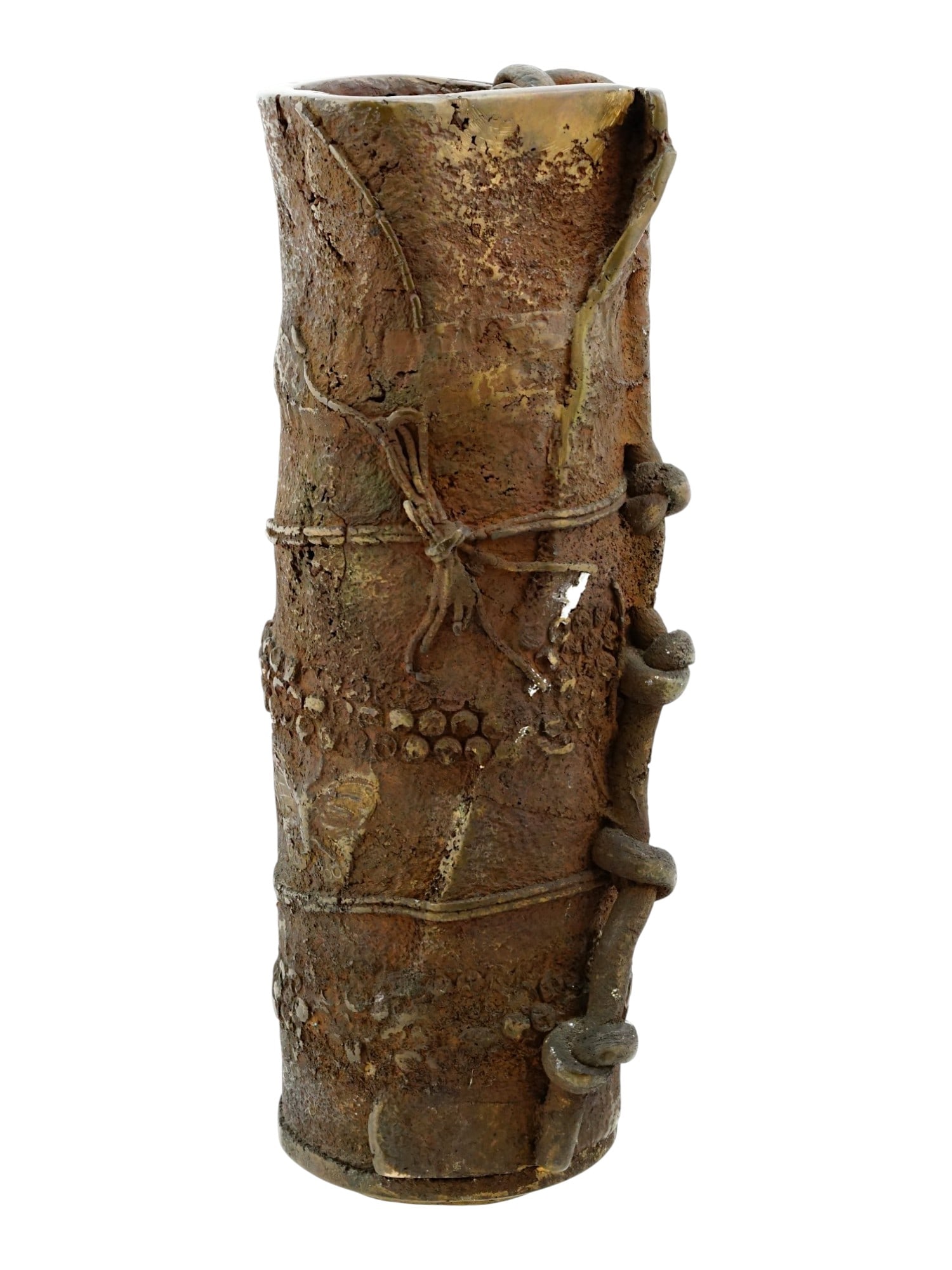 AMERICAN SAND CASTING IRON SCULPTURE BY MEL HANTZ: A cylindrical sculpture by American artist Mel Hantz is executed in sand cast iron, featuring a rich, textured surface with a naturalistic oxidized finish. The exterior is adorned with various relief 