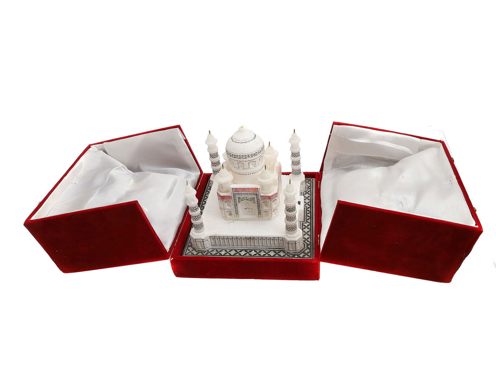 A VINTAGE HANDCRAFTED TAJ MAHAL REPLICA: This is a unique Art Deco item, a beautiful replica of the Taj Mahal with a highly detailed design, and handcrafted using alabaster and a ceramic base, it comes in a red velvet box. This item was made